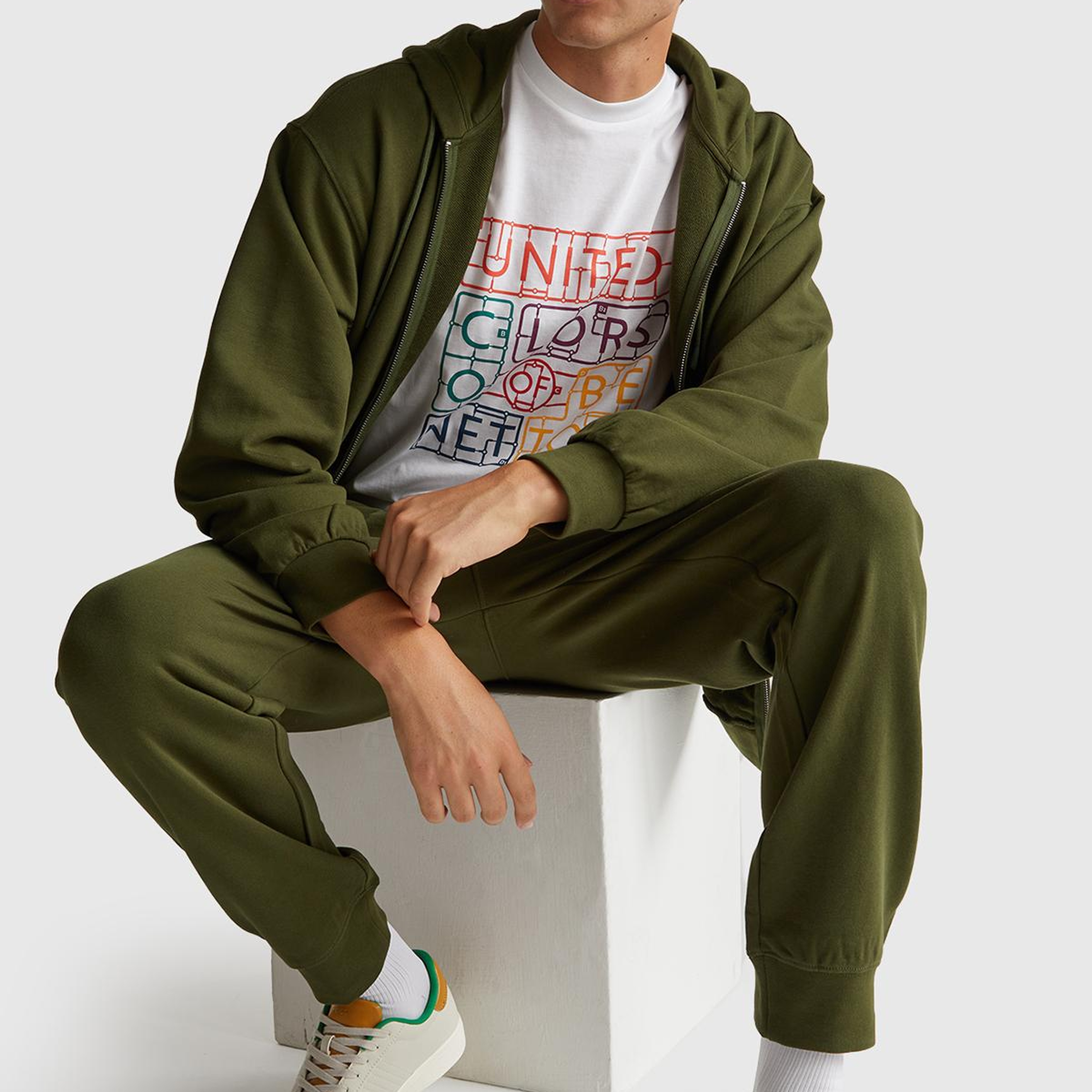 Erkek Haki Yeşilli %100 Pamuk Dar Kesim Fermuarlı Kapüşonlu Sweatshirt