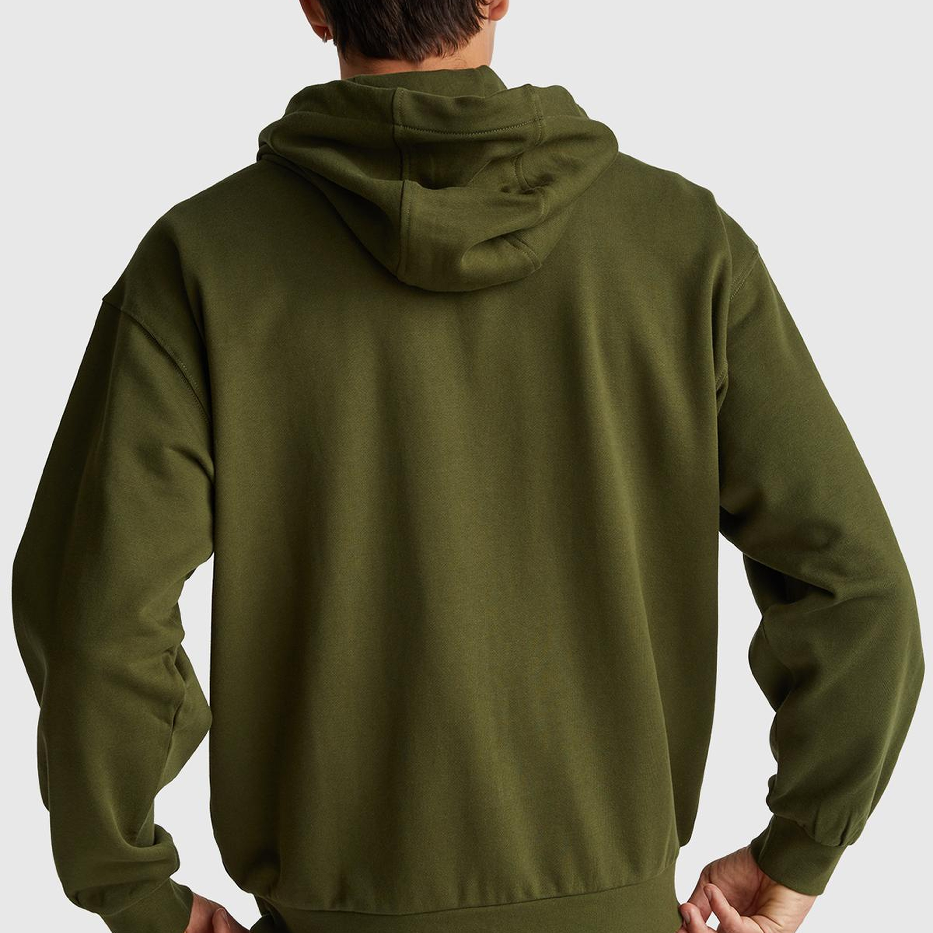 Erkek Haki Yeşilli %100 Pamuk Dar Kesim Fermuarlı Kapüşonlu Sweatshirt