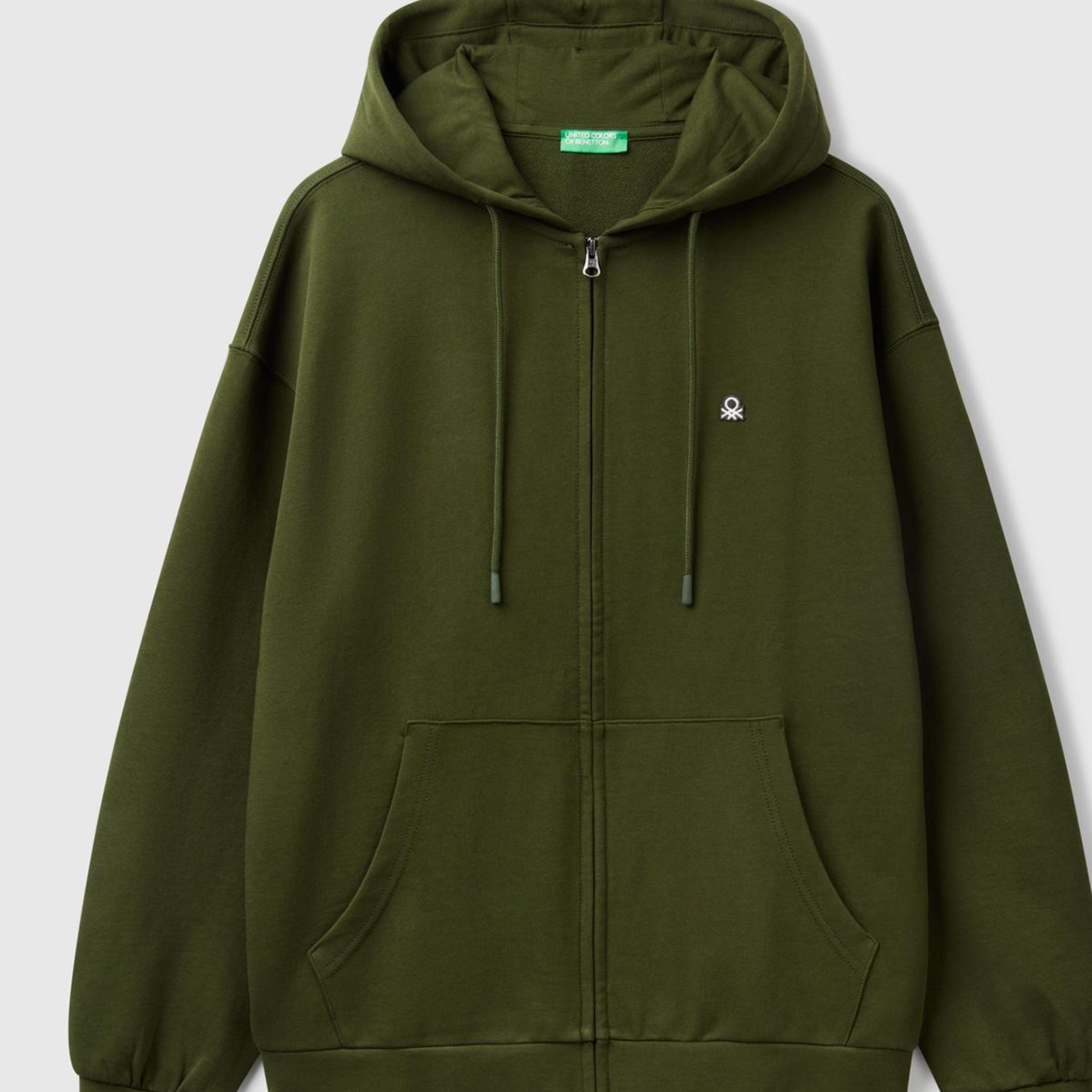 Erkek Haki Yeşilli %100 Pamuk Dar Kesim Fermuarlı Kapüşonlu Sweatshirt