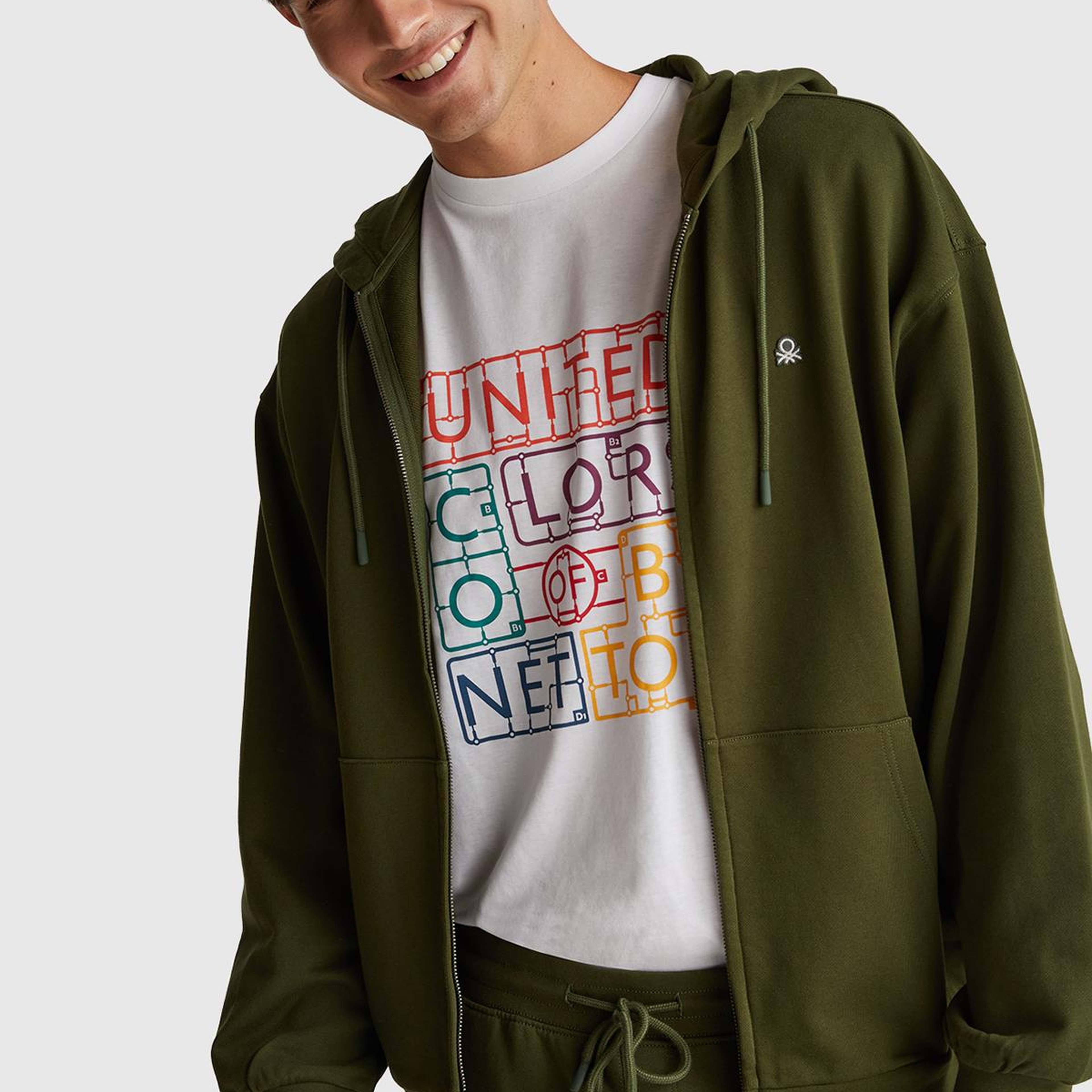 Erkek Haki Yeşilli %100 Pamuk Dar Kesim Fermuarlı Kapüşonlu Sweatshirt