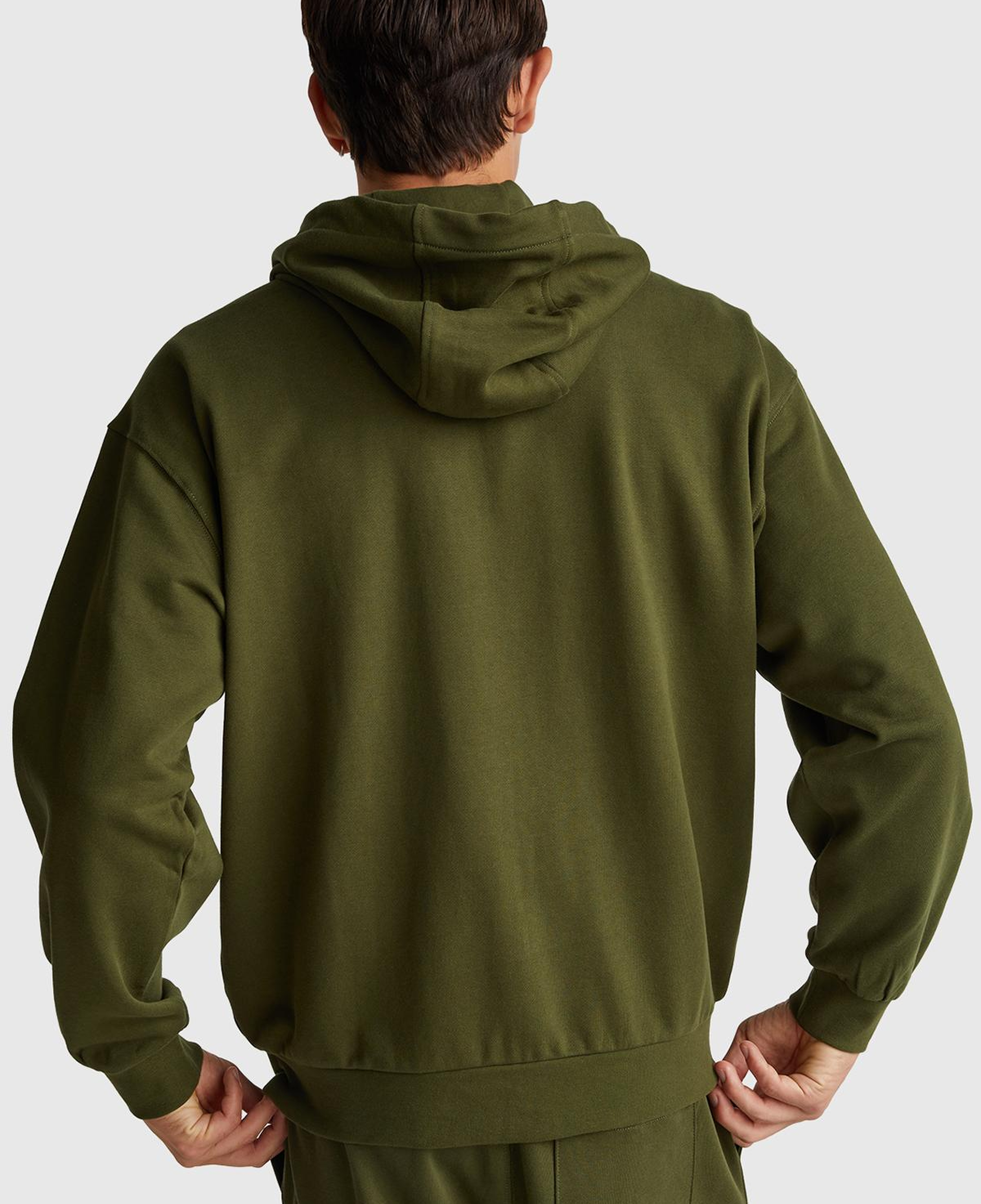 Erkek Haki Yeşilli %100 Pamuk Dar Kesim Fermuarlı Kapüşonlu Sweatshirt