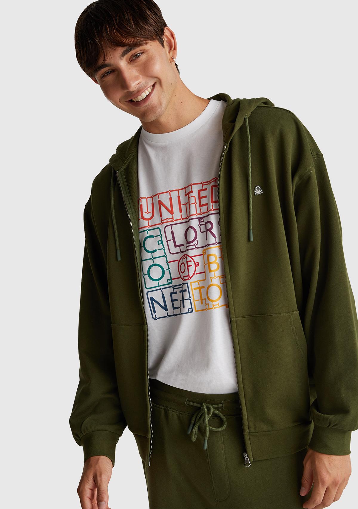 Erkek Haki Yeşilli %100 Pamuk Dar Kesim Fermuarlı Kapüşonlu Sweatshirt