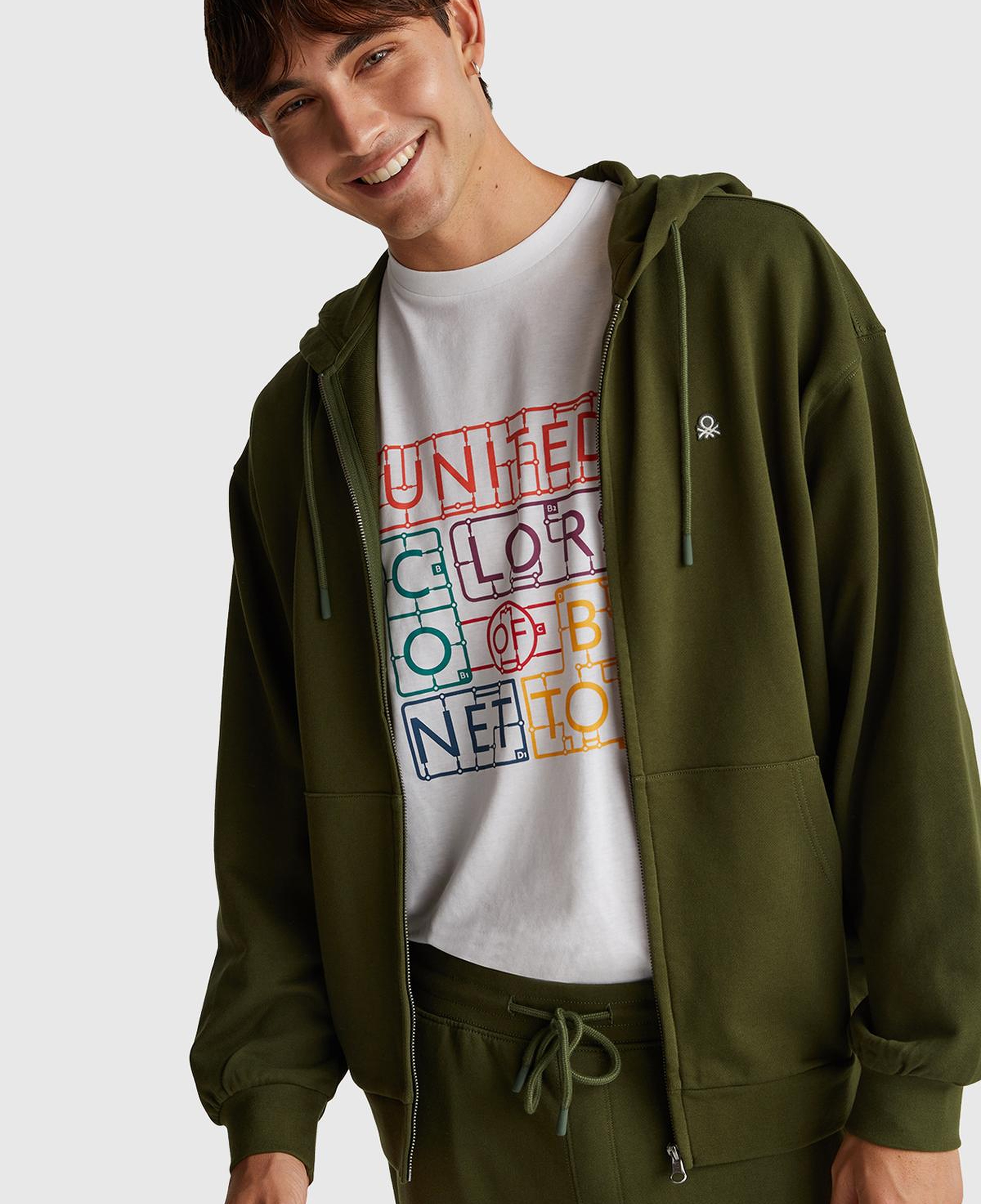 Erkek Haki Yeşilli %100 Pamuk Dar Kesim Fermuarlı Kapüşonlu Sweatshirt