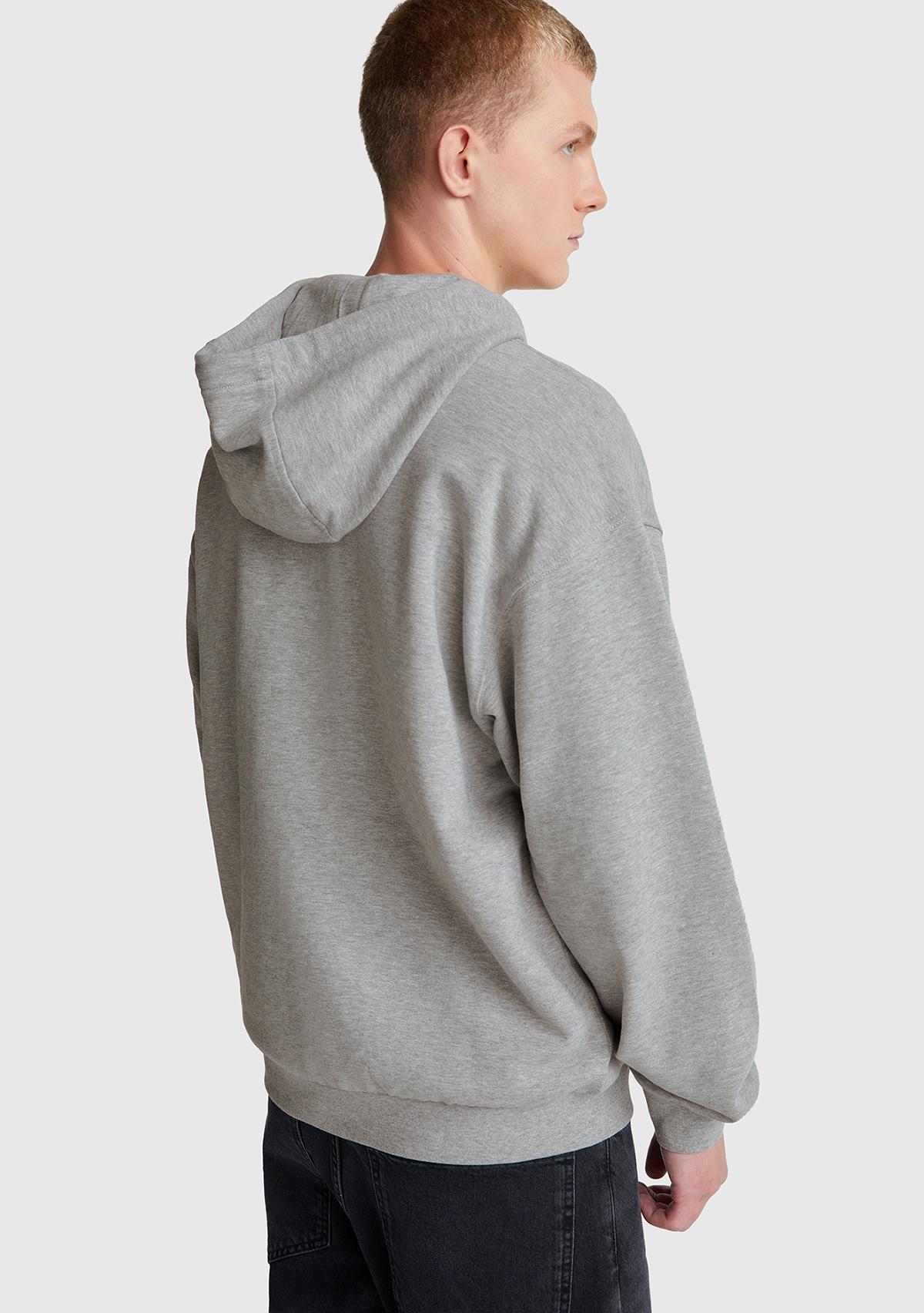 Erkek Gri Melanj %100 Pamuk Dar Kesim Fermuarlı Kapüşonlu Sweatshirt