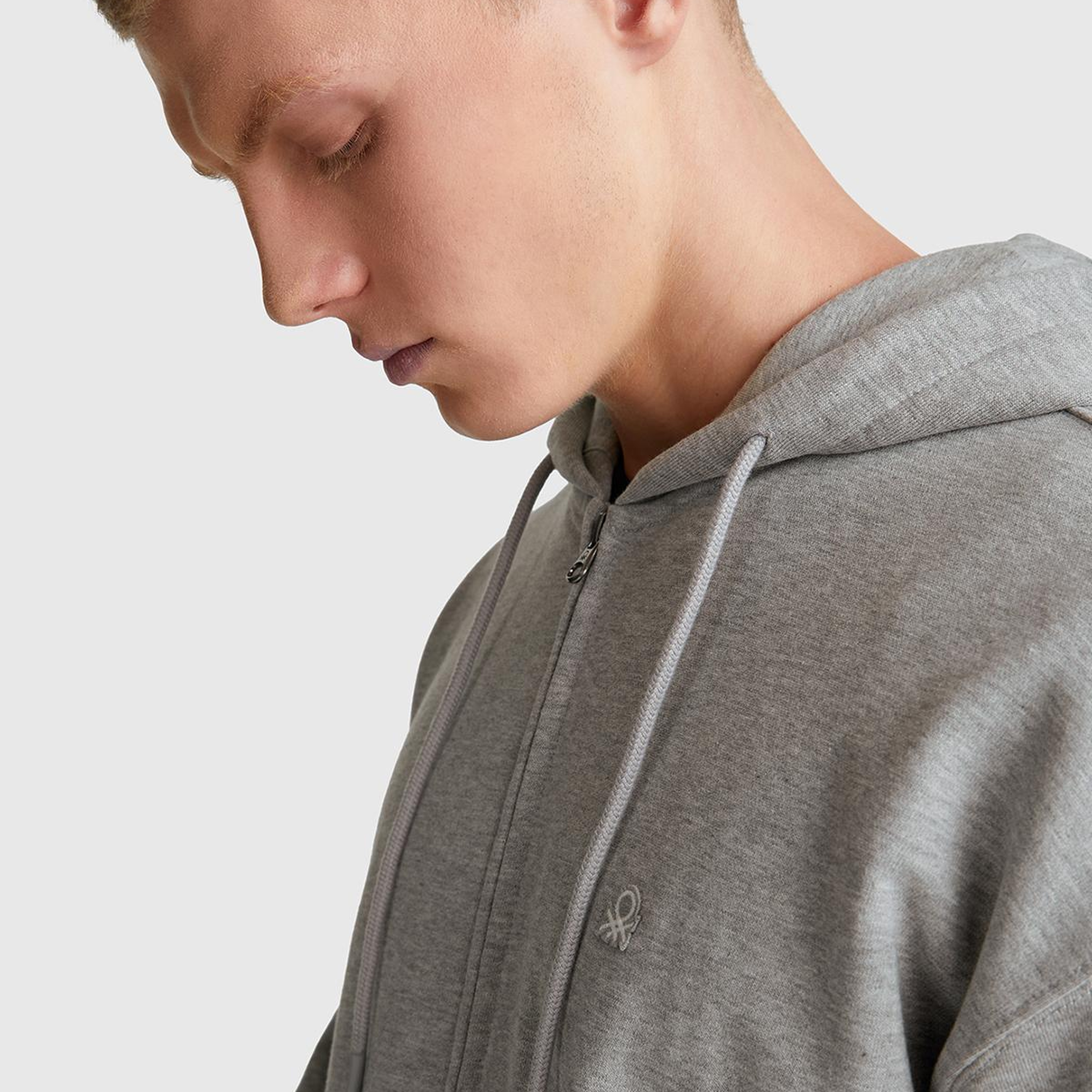 Erkek Gri Melanj %100 Pamuk Dar Kesim Fermuarlı Kapüşonlu Sweatshirt