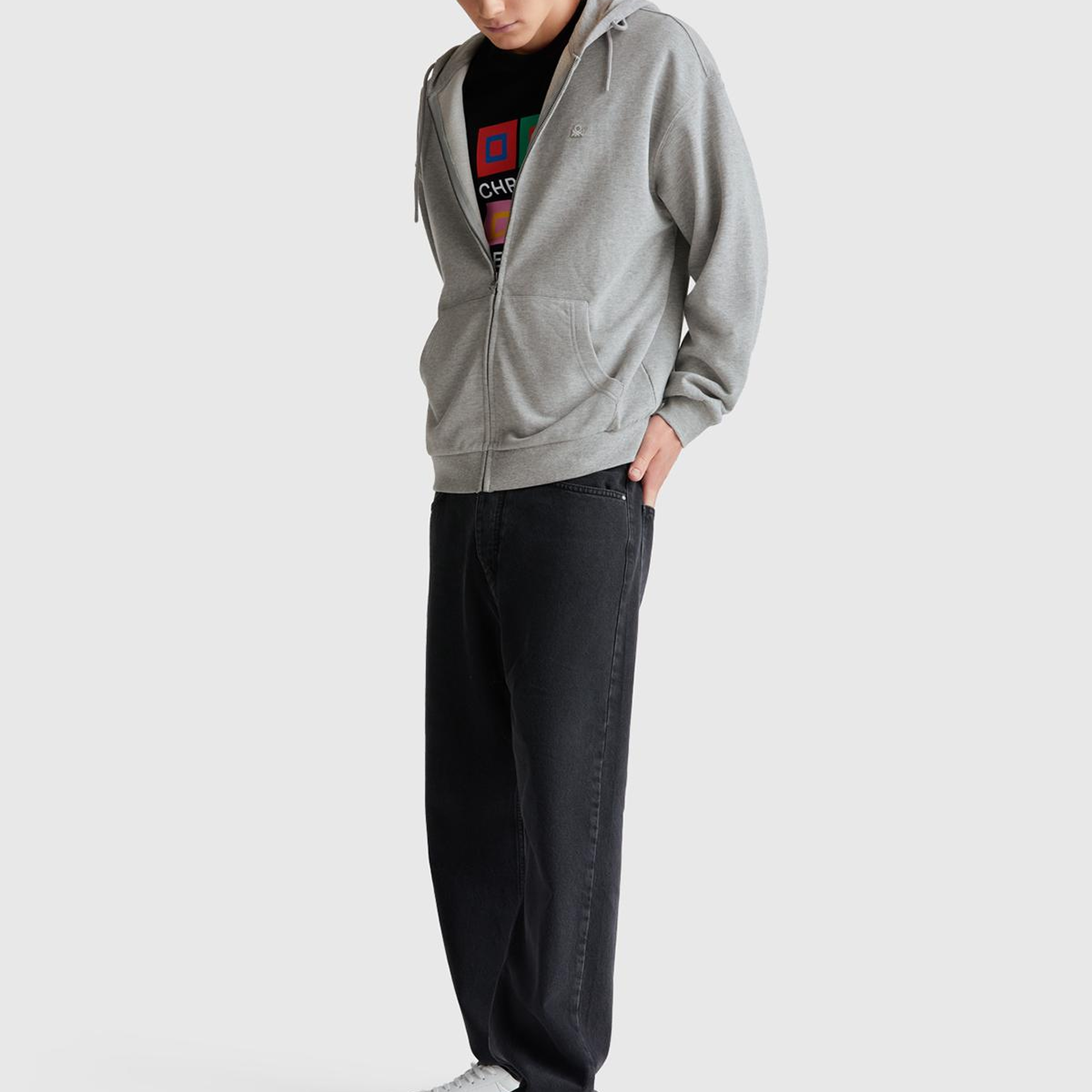 Erkek Gri Melanj %100 Pamuk Dar Kesim Fermuarlı Kapüşonlu Sweatshirt