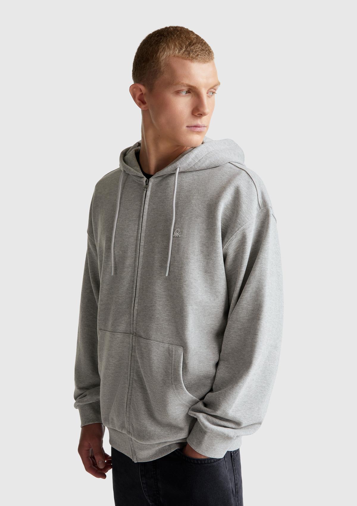 Erkek Gri Melanj %100 Pamuk Dar Kesim Fermuarlı Kapüşonlu Sweatshirt