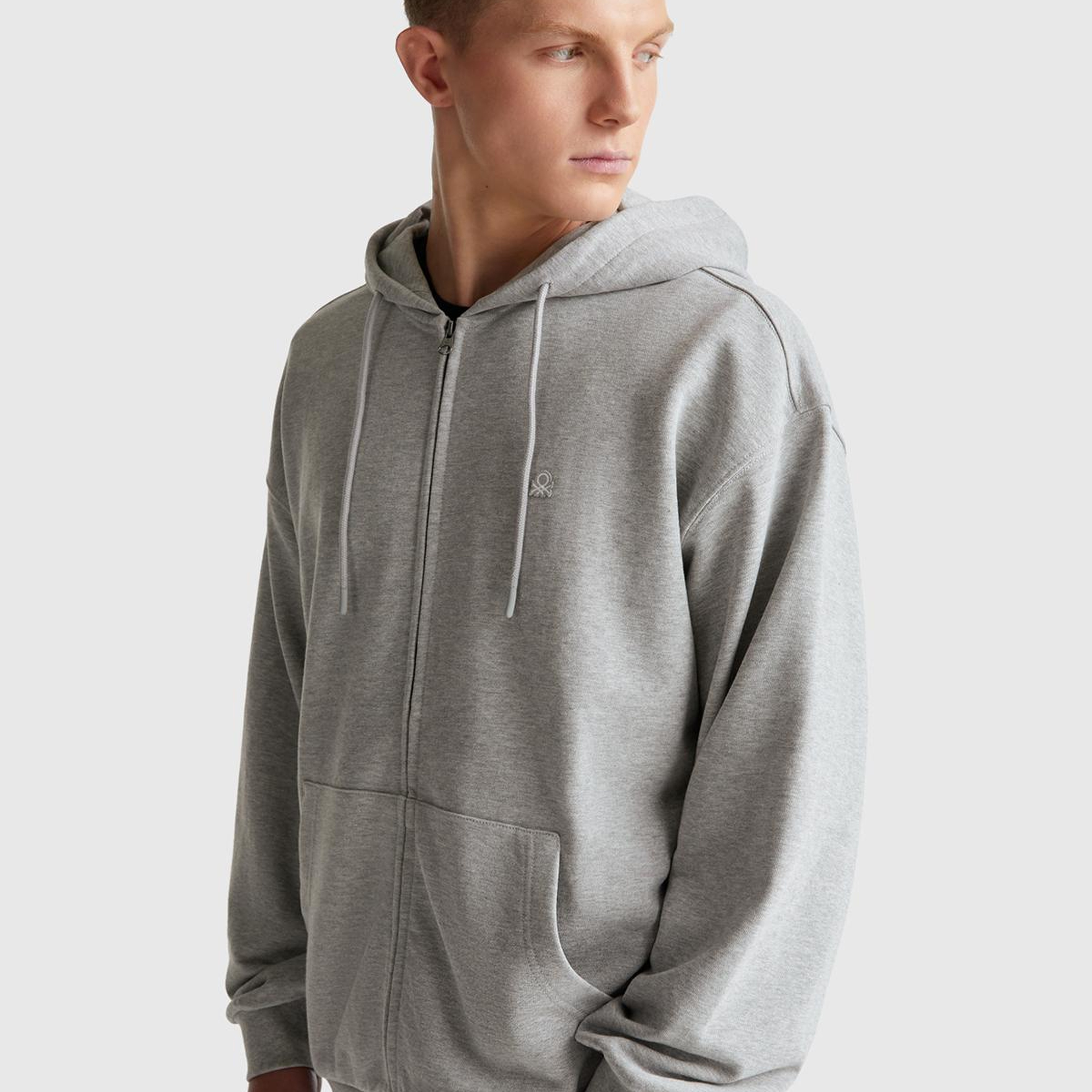 Erkek Gri Melanj %100 Pamuk Dar Kesim Fermuarlı Kapüşonlu Sweatshirt