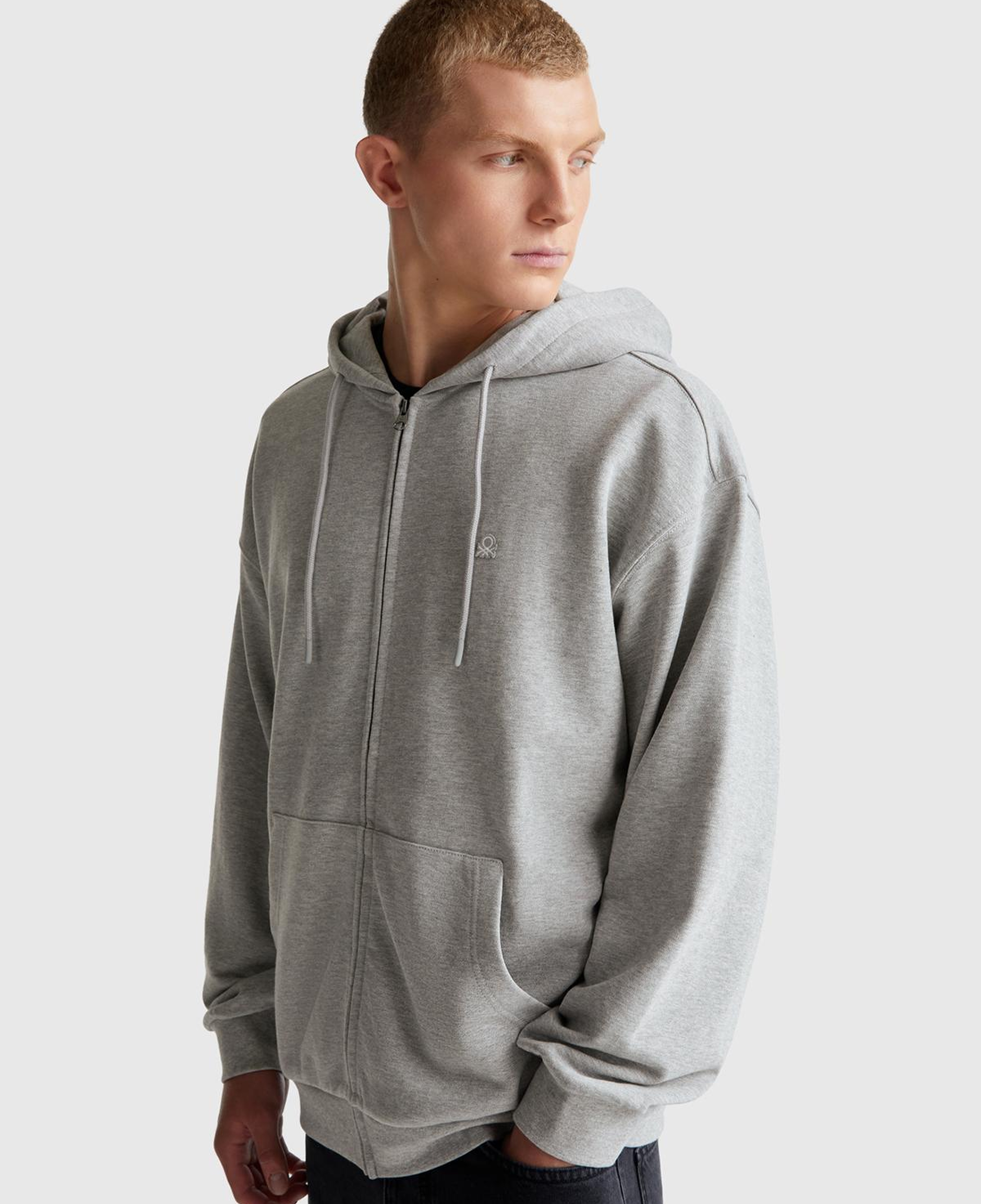 Erkek Gri Melanj %100 Pamuk Dar Kesim Fermuarlı Kapüşonlu Sweatshirt
