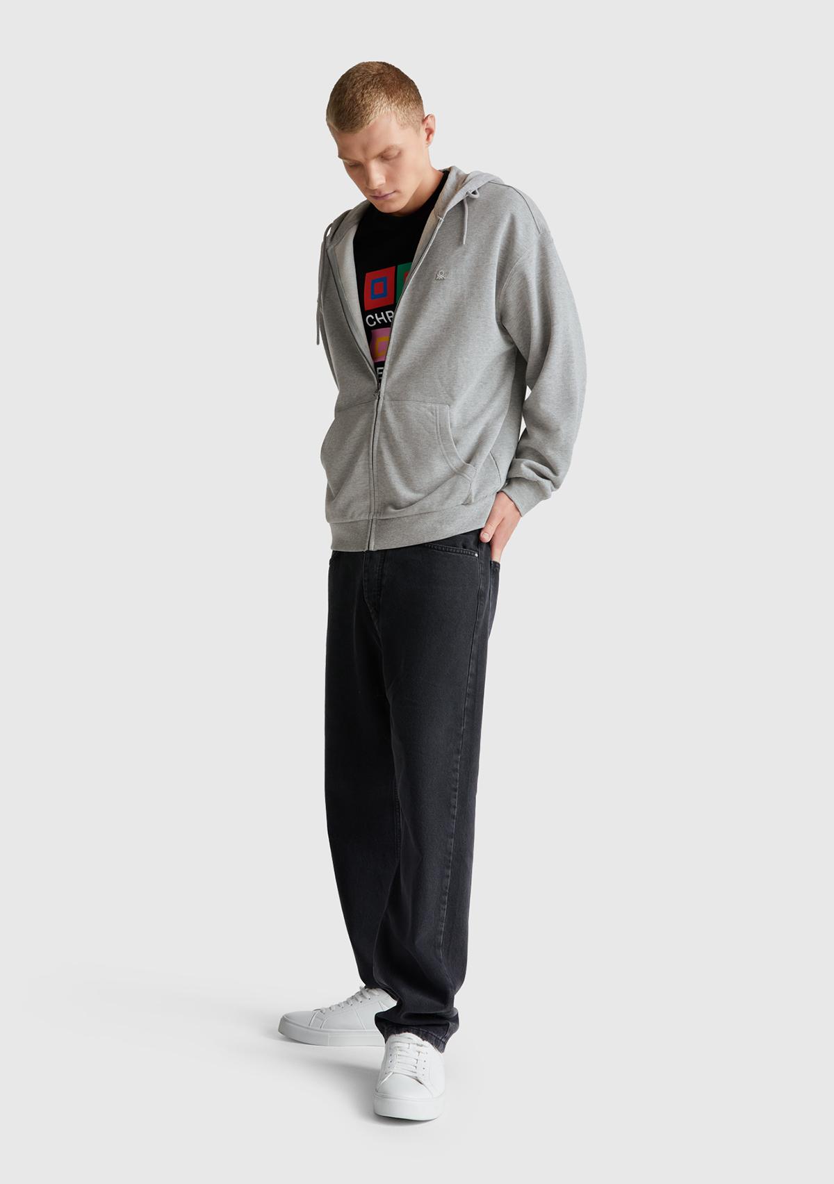 Erkek Gri Melanj %100 Pamuk Dar Kesim Fermuarlı Kapüşonlu Sweatshirt