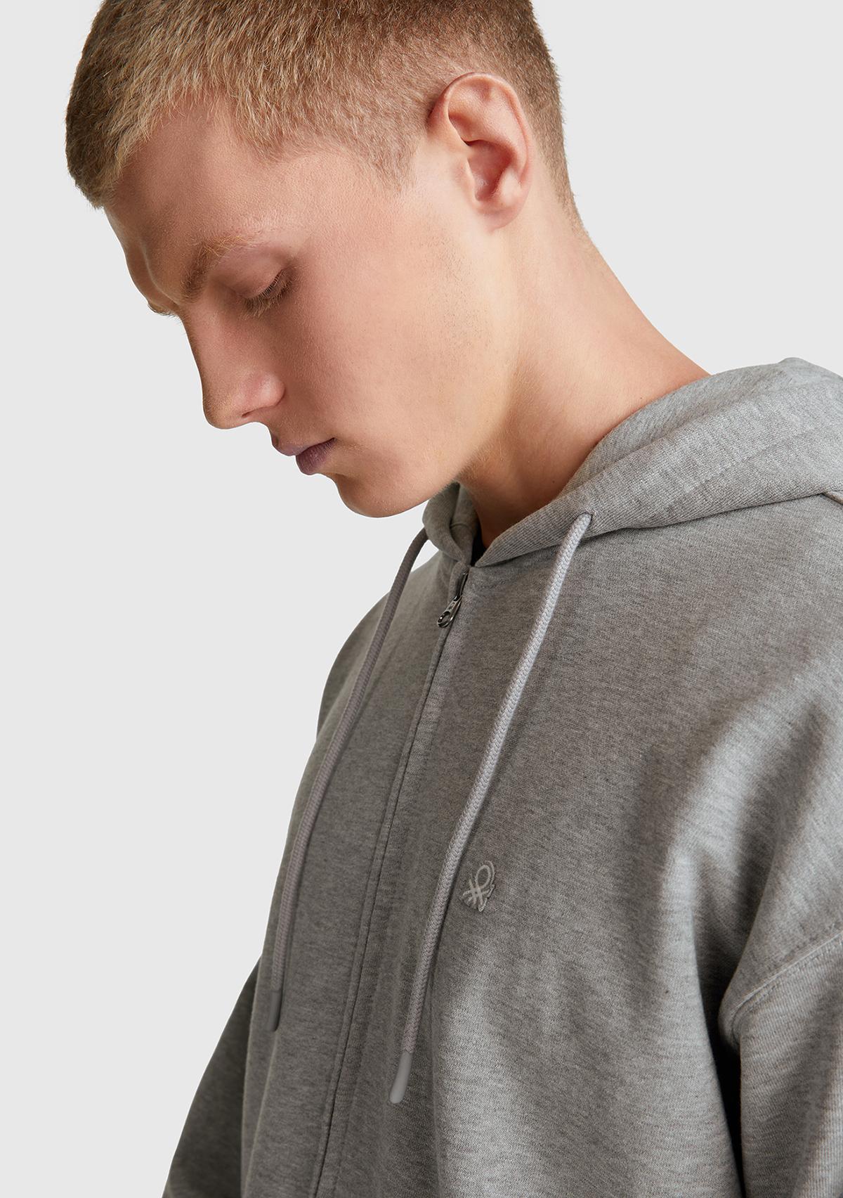 Erkek Gri Melanj %100 Pamuk Dar Kesim Fermuarlı Kapüşonlu Sweatshirt