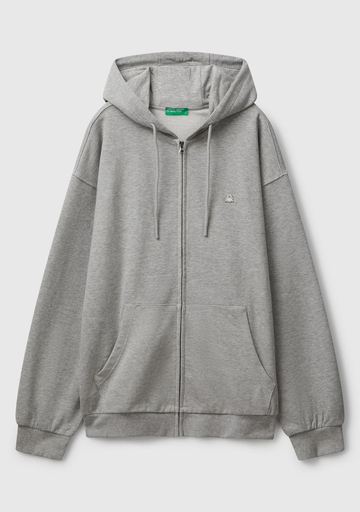 Erkek Gri Melanj %100 Pamuk Dar Kesim Fermuarlı Kapüşonlu Sweatshirt