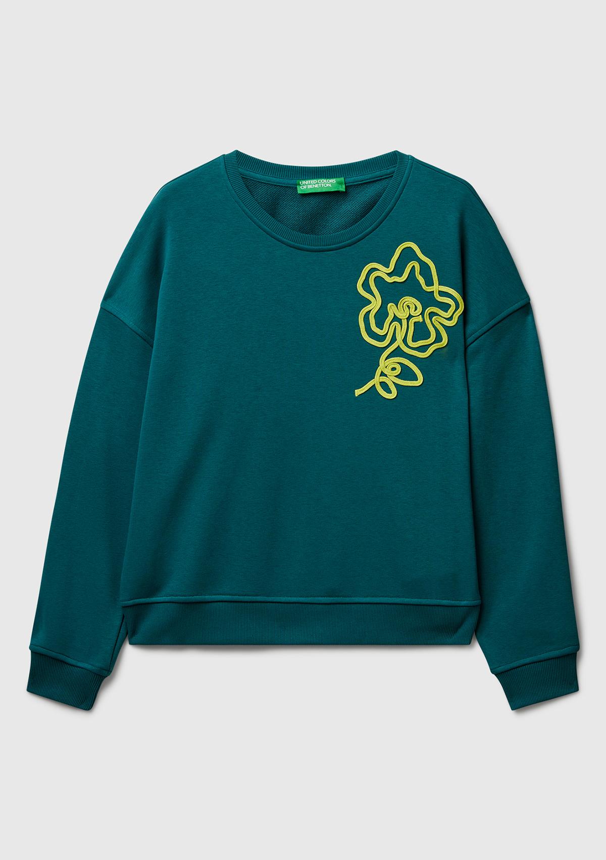 Kadın Koyu Yeşil Koton Karışımlı  Çiçek Motifli Sweatshirt