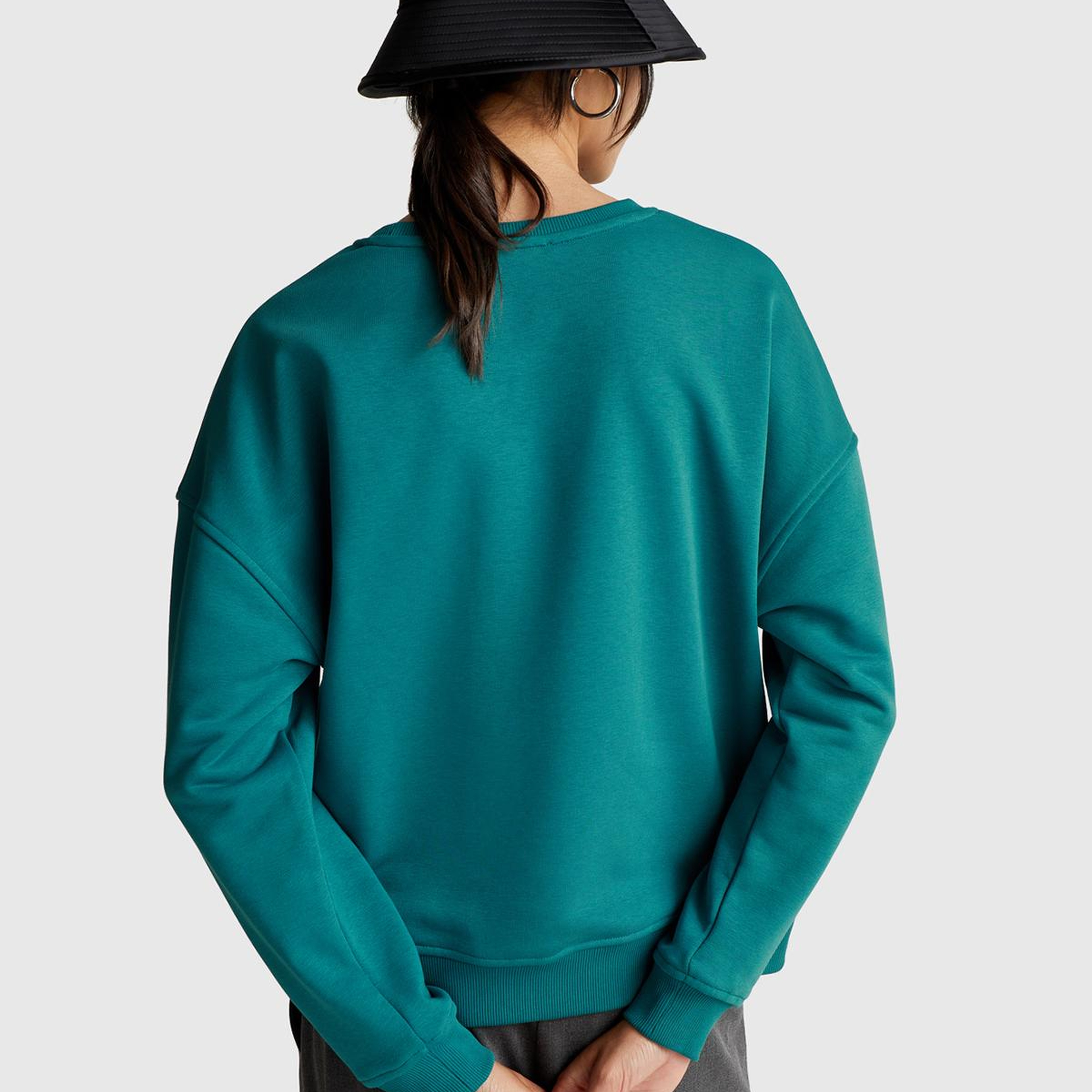 Kadın Koyu Yeşil Koton Karışımlı Çiçek Motifli Sweatshirt