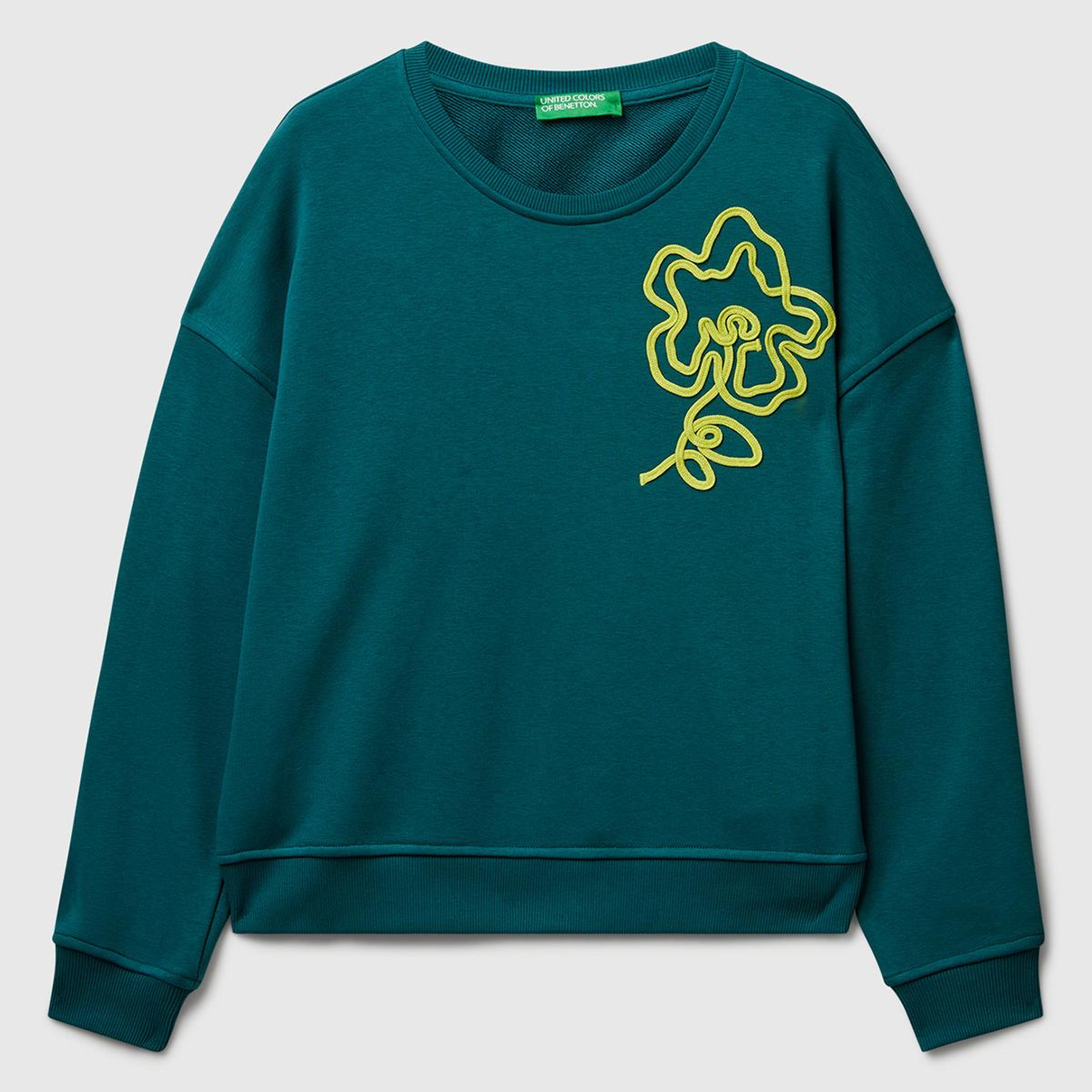 Kadın Koyu Yeşil Koton Karışımlı Çiçek Motifli Sweatshirt