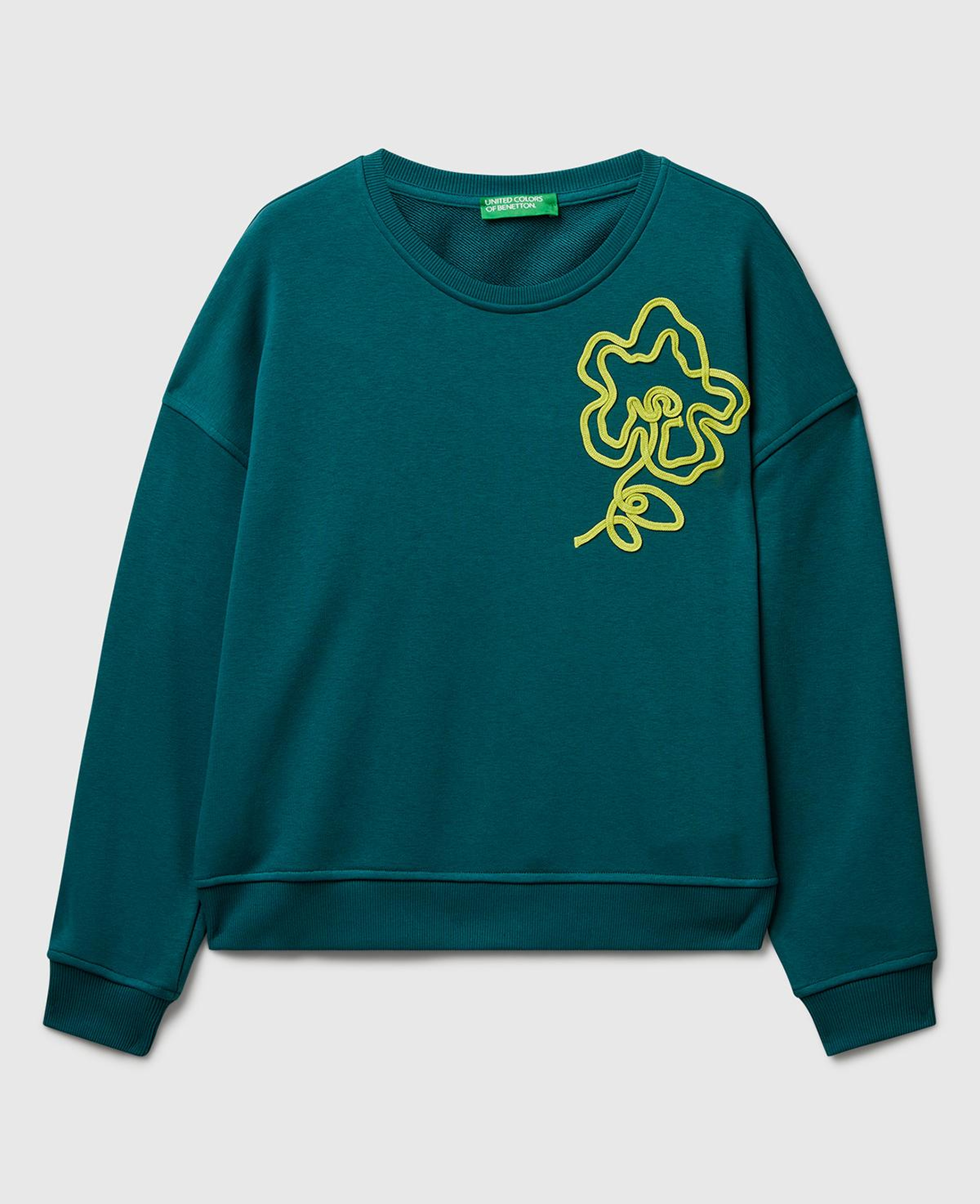 Kadın Koyu Yeşil Koton Karışımlı  Çiçek Motifli Sweatshirt