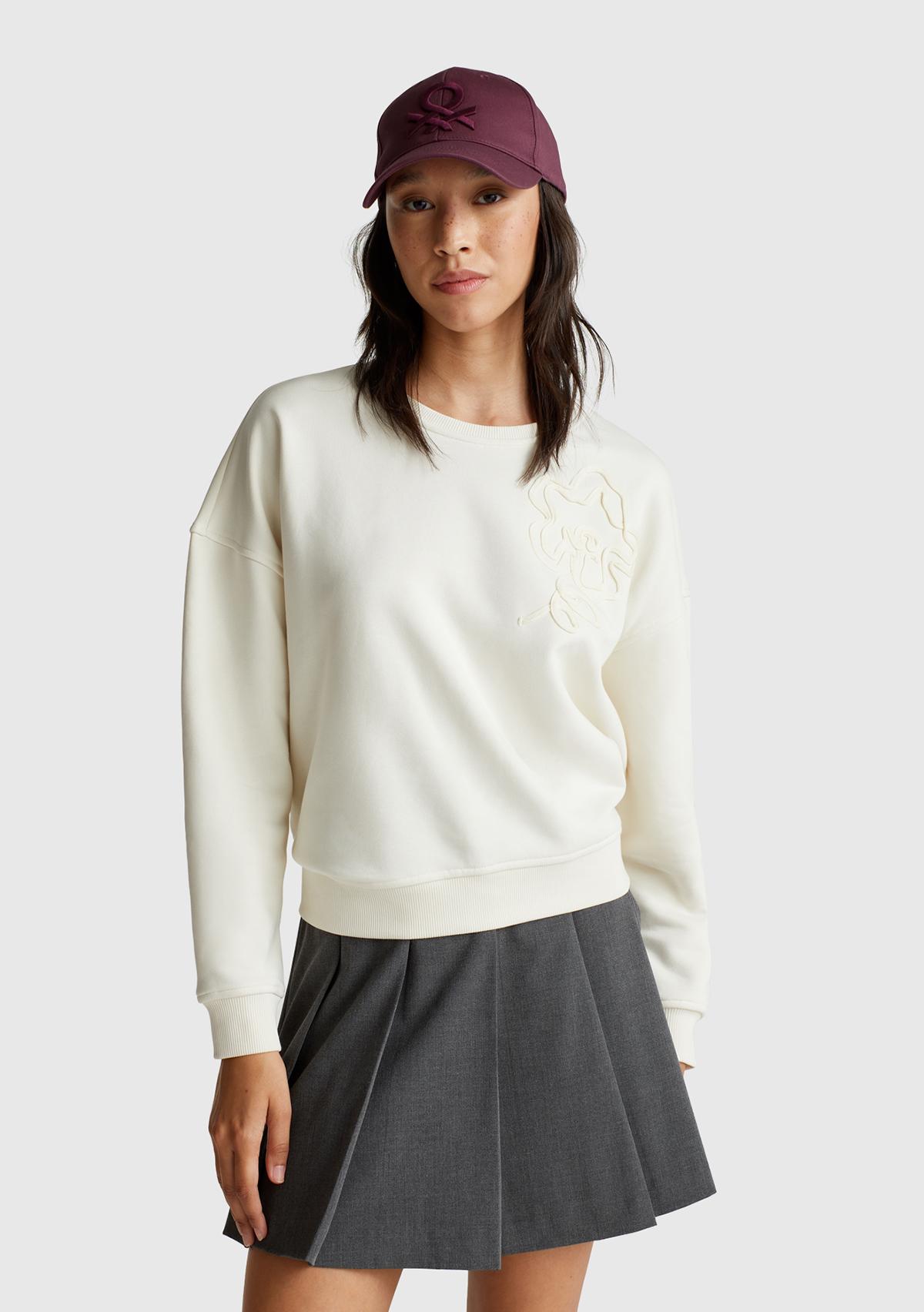 Kadın Krem Koton Karışımlı  Çiçek Motifli Sweatshirt