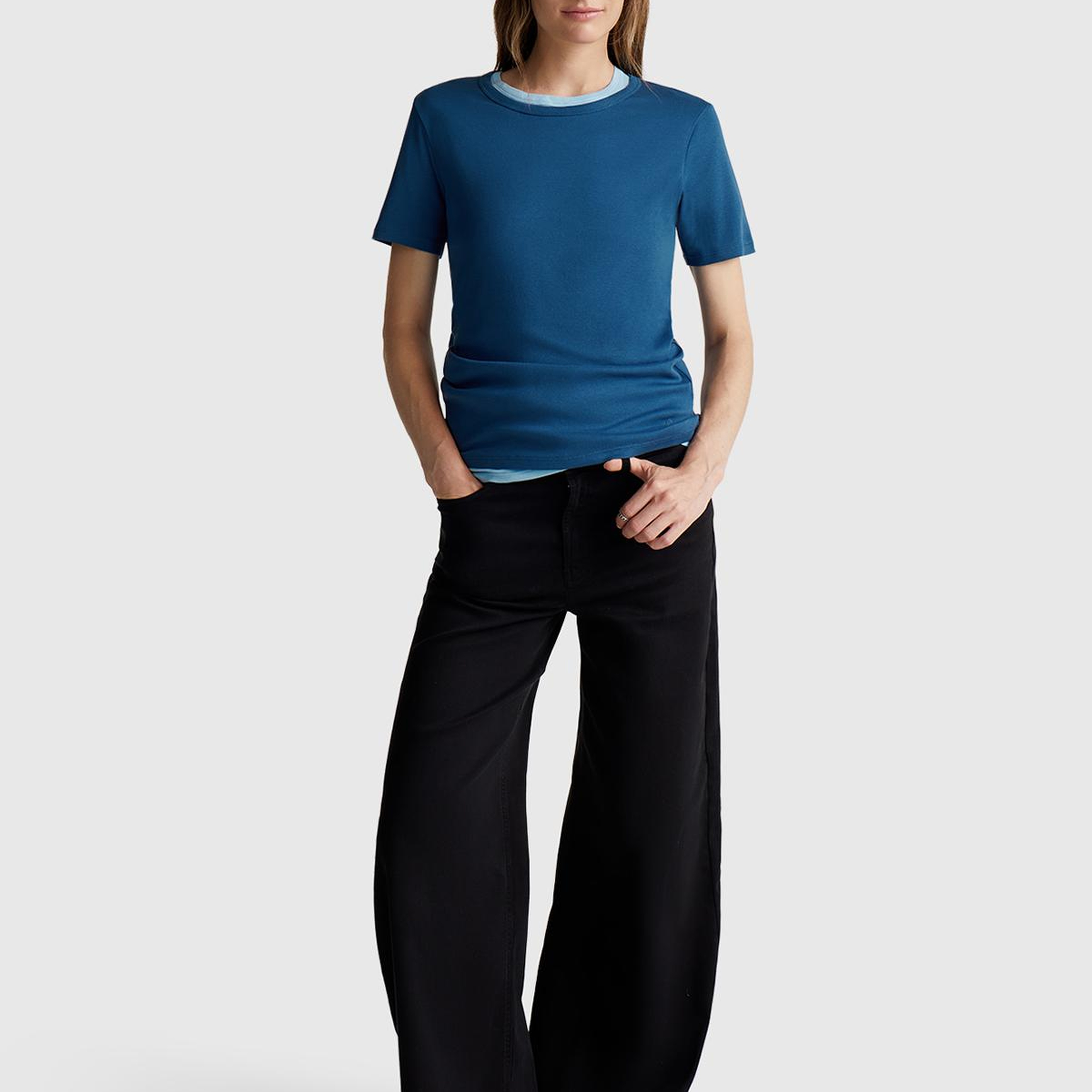 Kadın İndigo Mavisi %100 Koton Basic Kısa Kollu Bisiklet Yaka T-Shirt