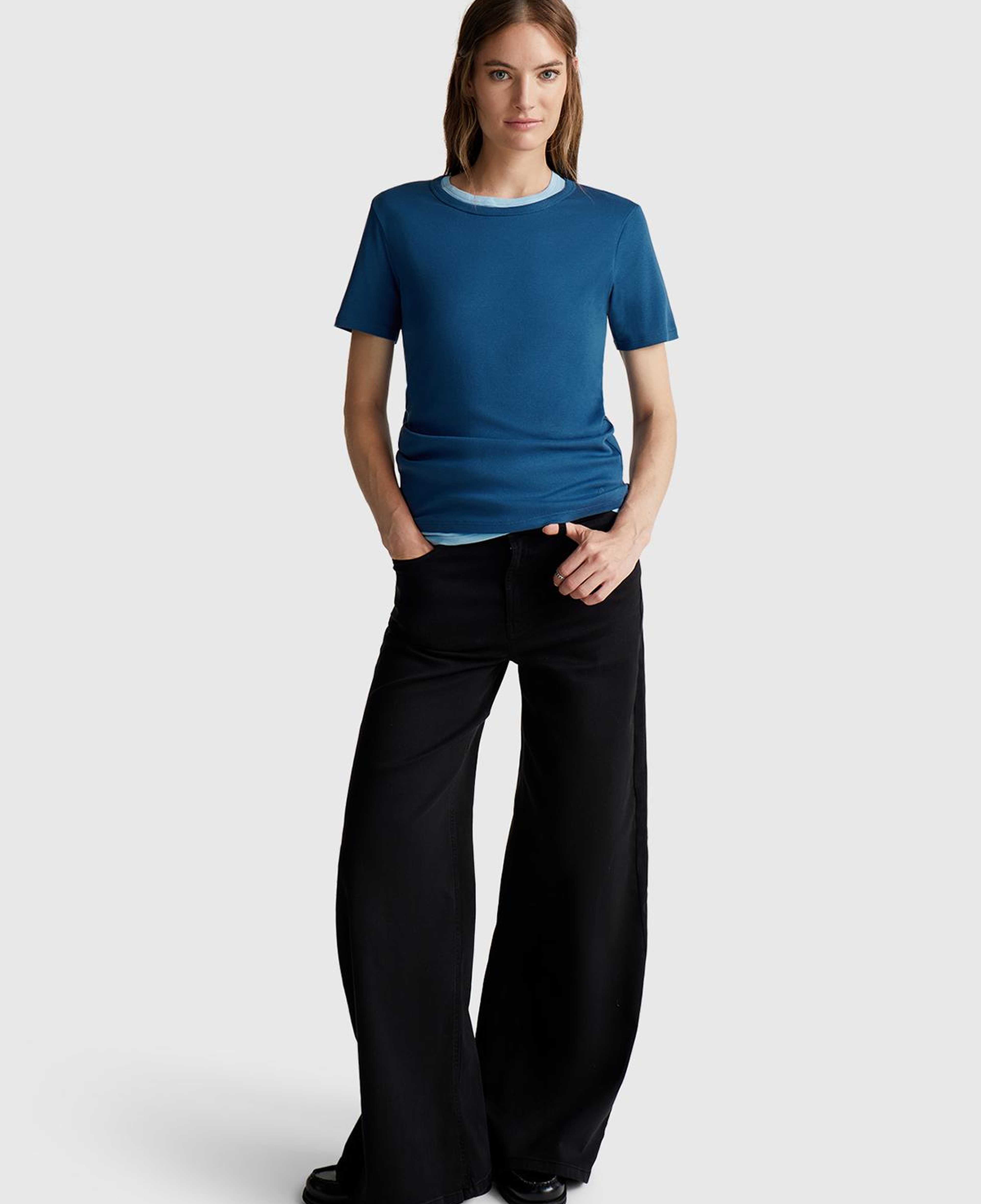 Kadın İndigo Mavisi %100 Koton Basic Kısa Kollu Bisiklet Yaka T-Shirt