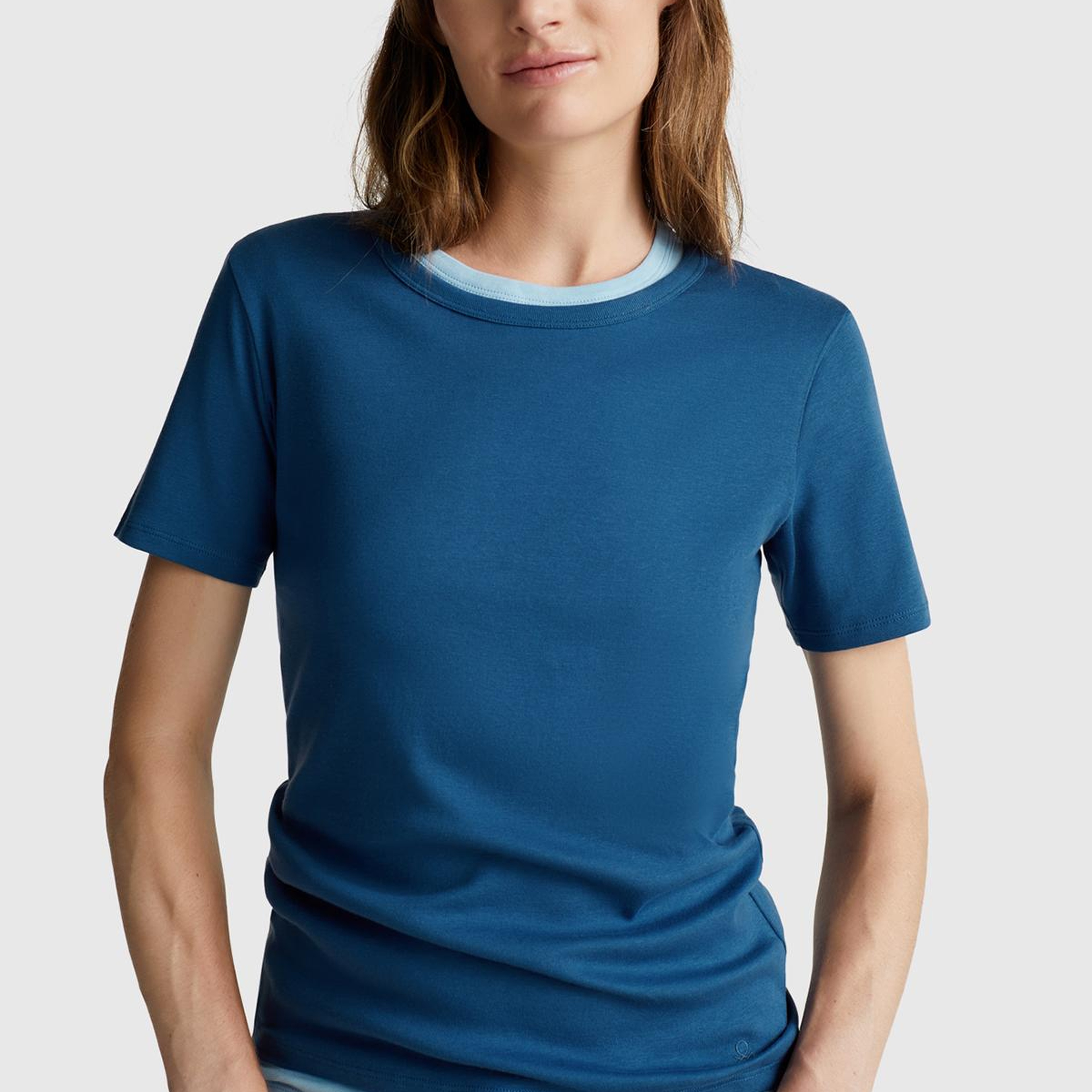 Kadın İndigo Mavisi %100 Koton Basic Kısa Kollu Bisiklet Yaka T-Shirt