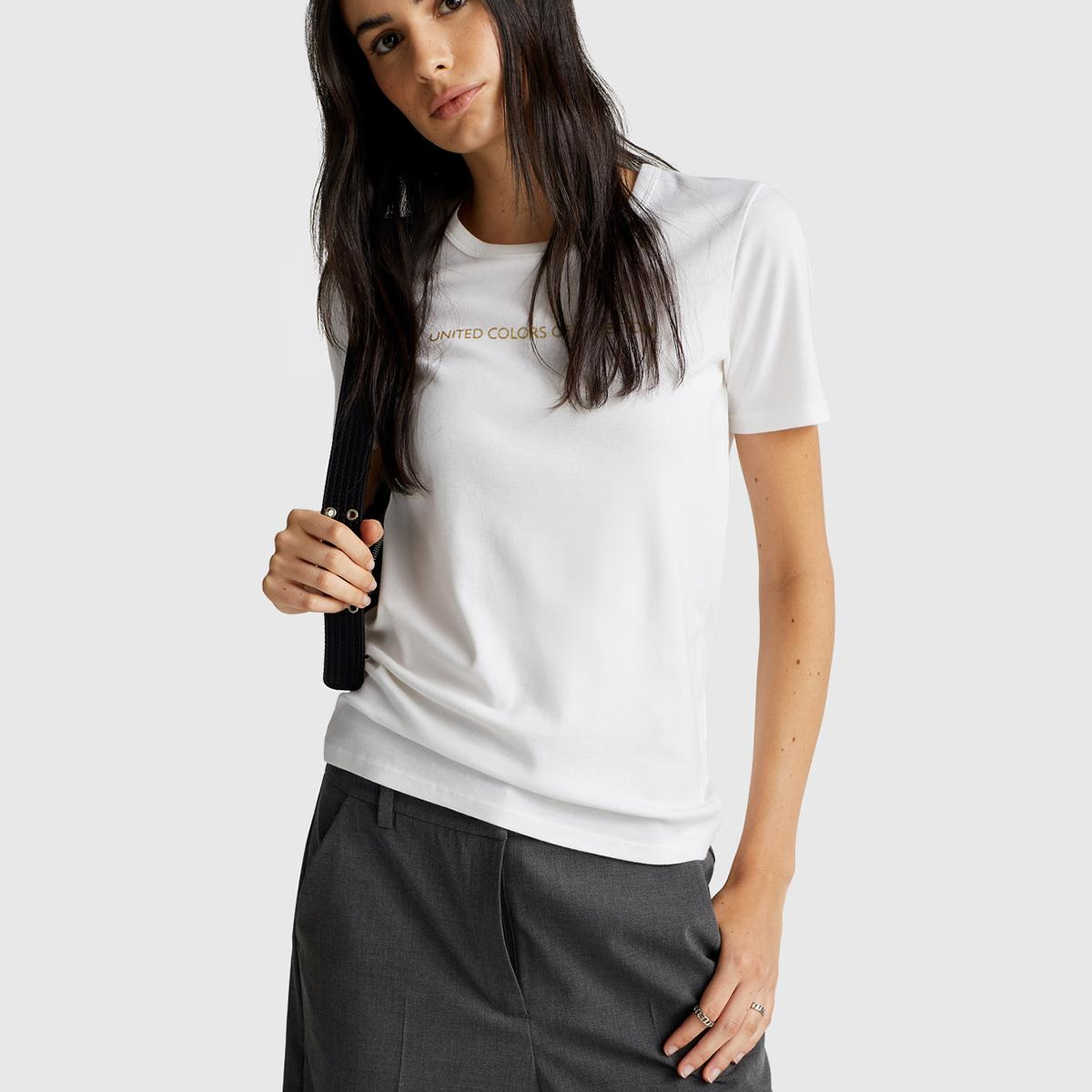 Kadın Beyaz %100 Koton Benetton Yazılı Basic T-Shirt