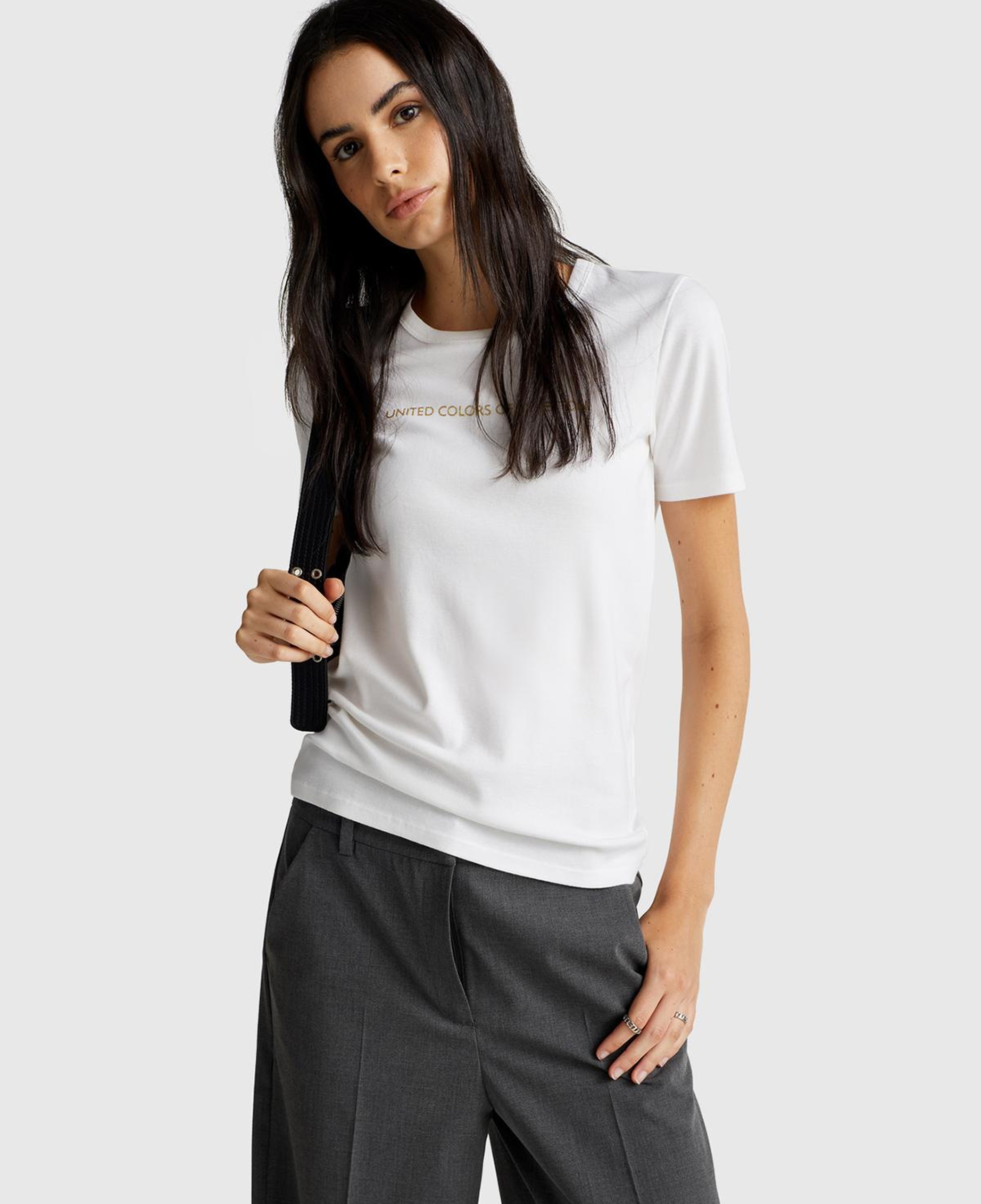 Kadın Beyaz %100 Koton Benetton Yazılı Basic T-Shirt