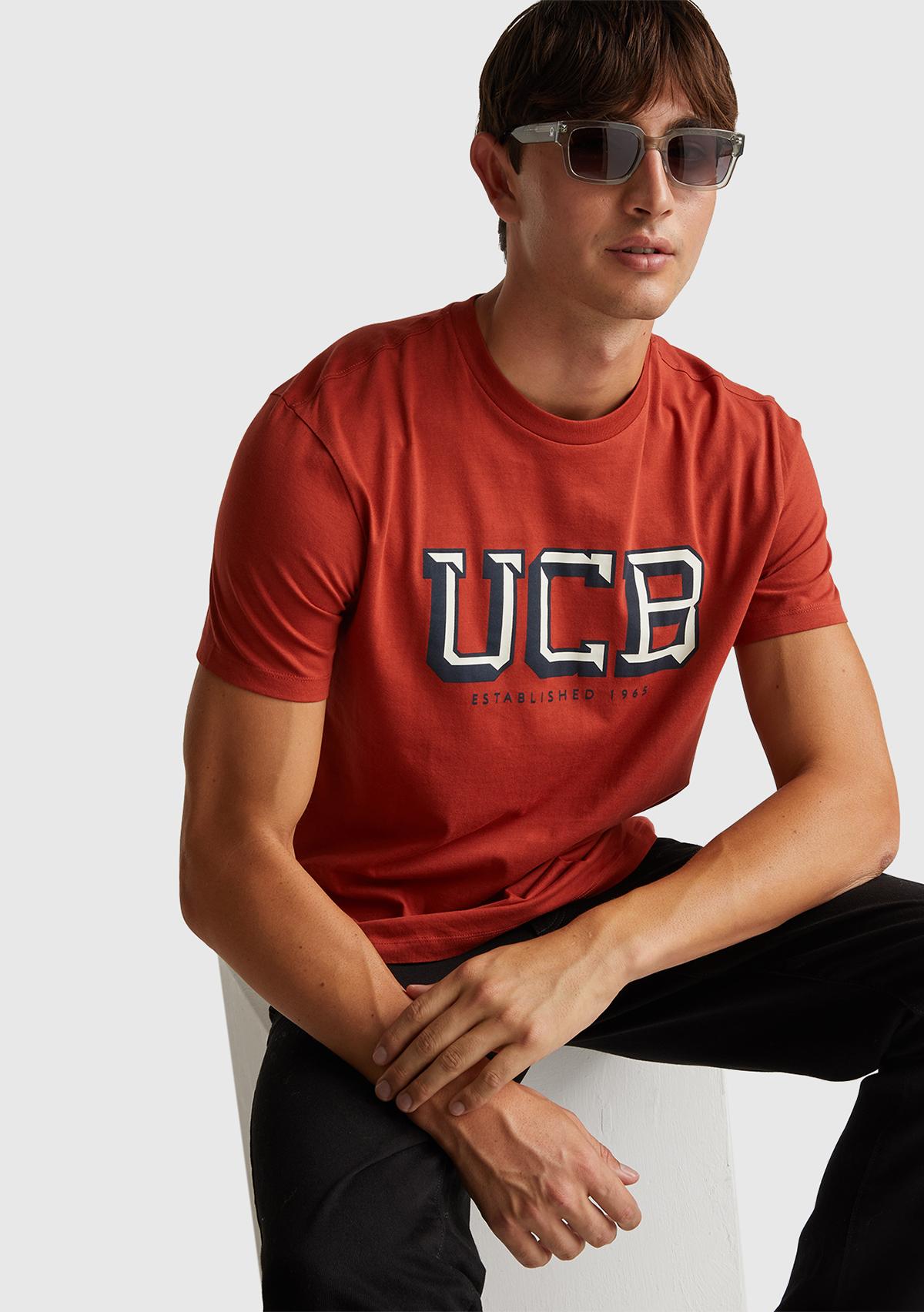 Erkek Kırmızı-UCB %100 Pamuk Önü Logo Baskılı Relax Fit T-Shirt