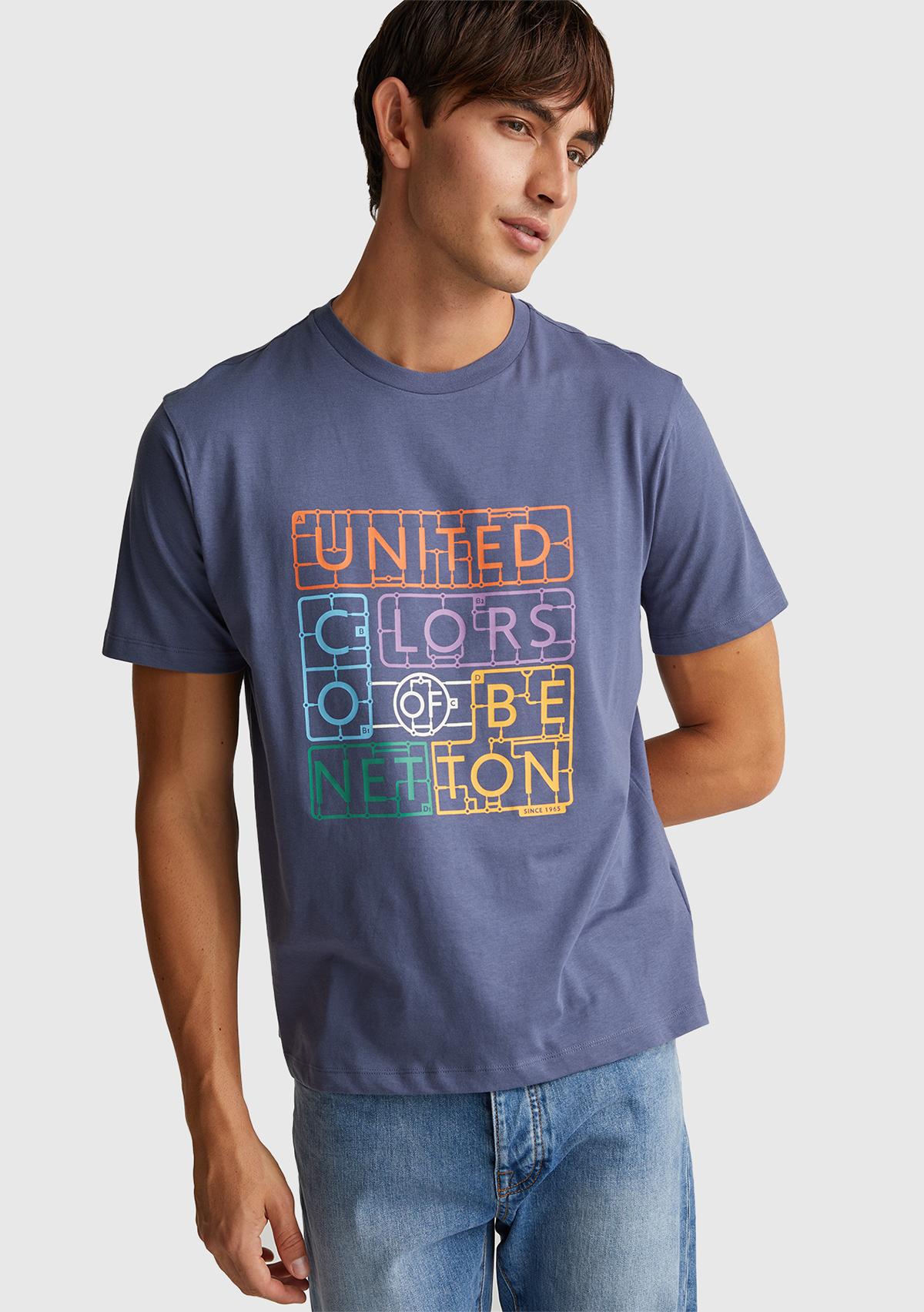 Erkek Havacı Mavi %100 Pamuk Önü Logo Baskılı Relax Fit T-Shirt