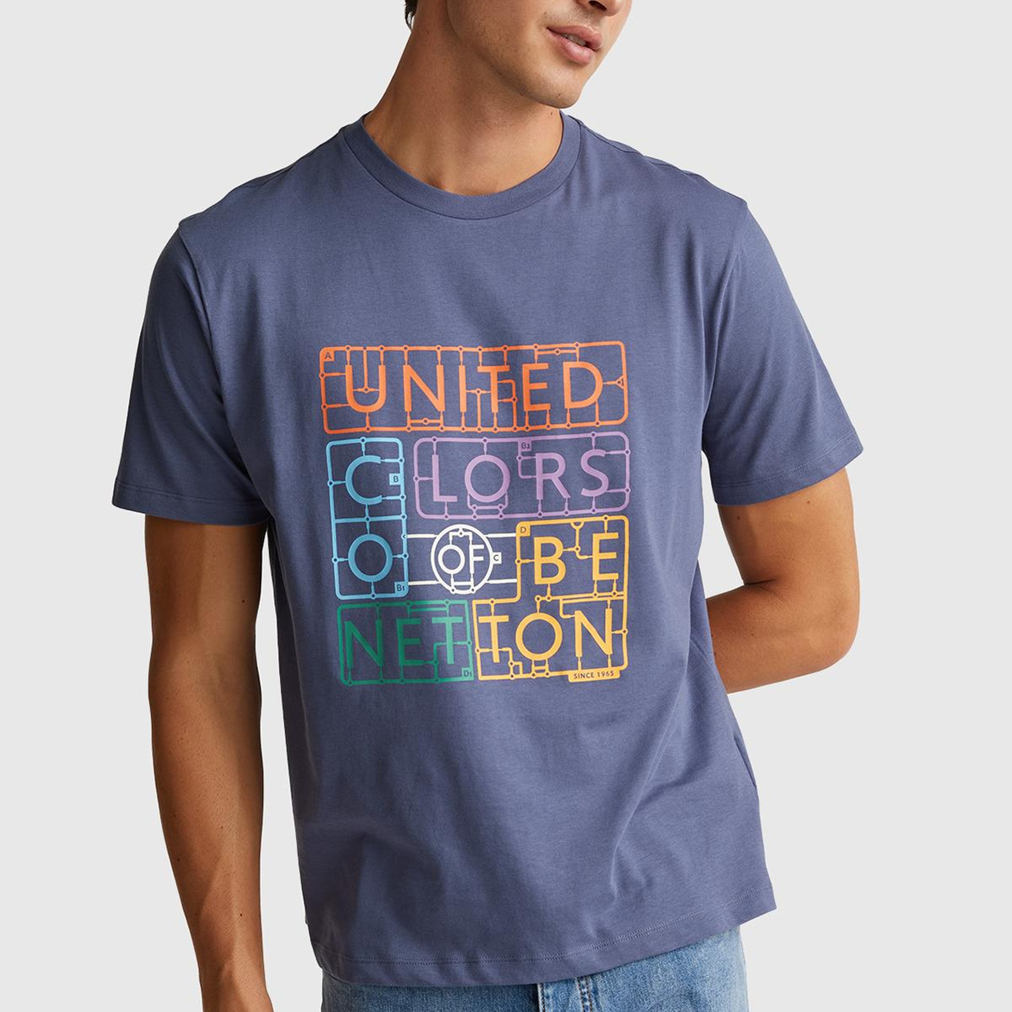 Erkek Havacı Mavi %100 Pamuk Önü Logo Baskılı Relax Fit T-Shirt