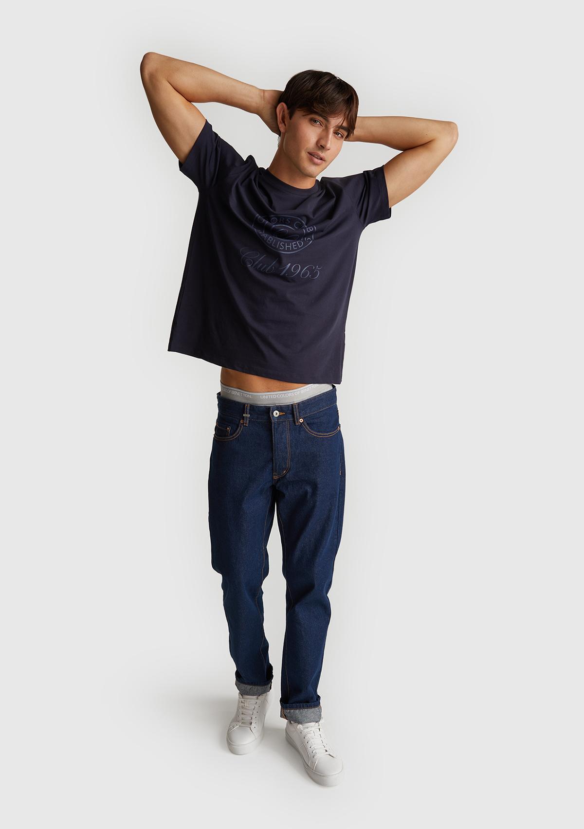 Erkek Lacivert %100 Pamuk Önü Logo Baskılı Relax Fit T-Shirt