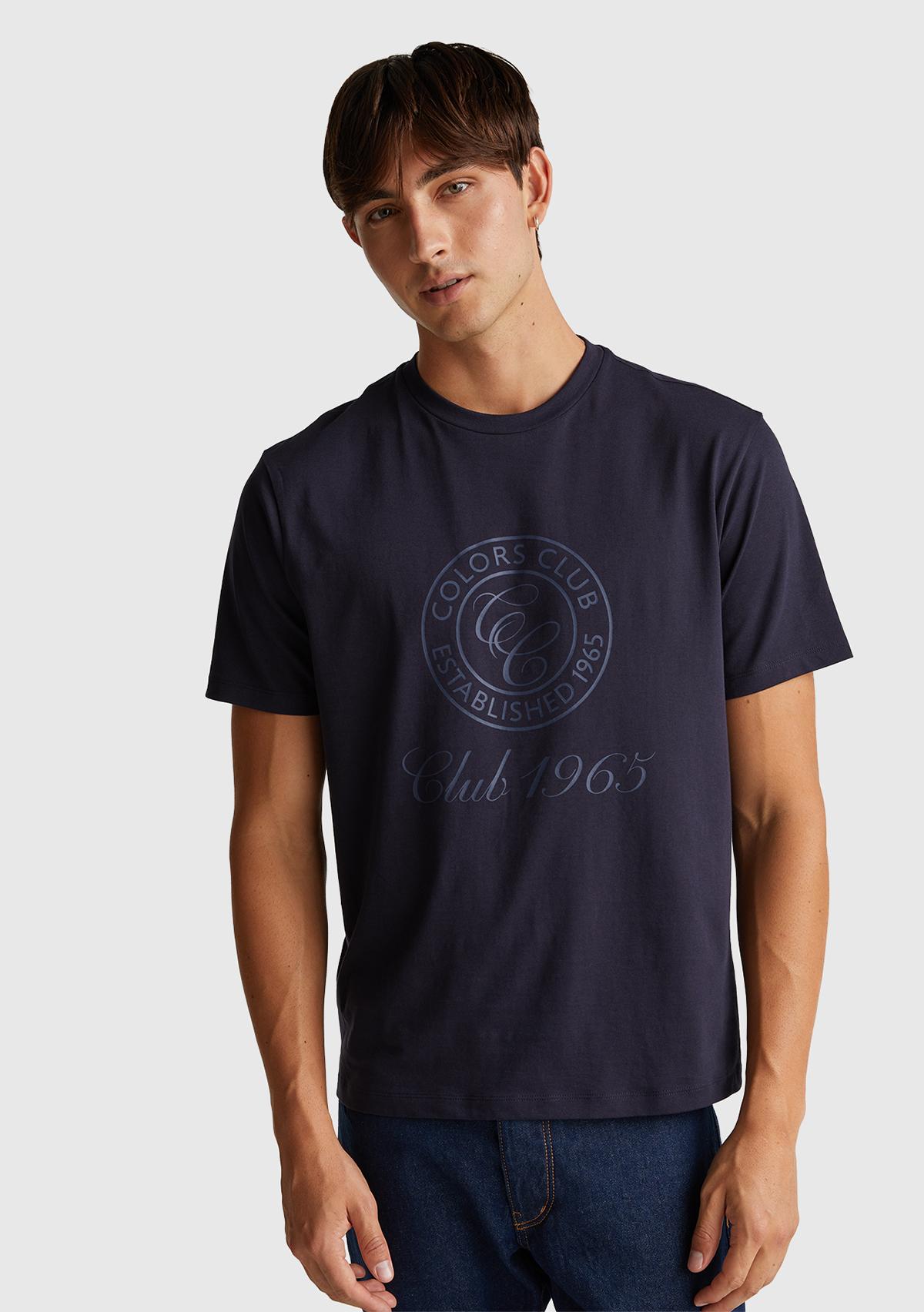 Erkek Lacivert %100 Pamuk Önü Logo Baskılı Relax Fit T-Shirt