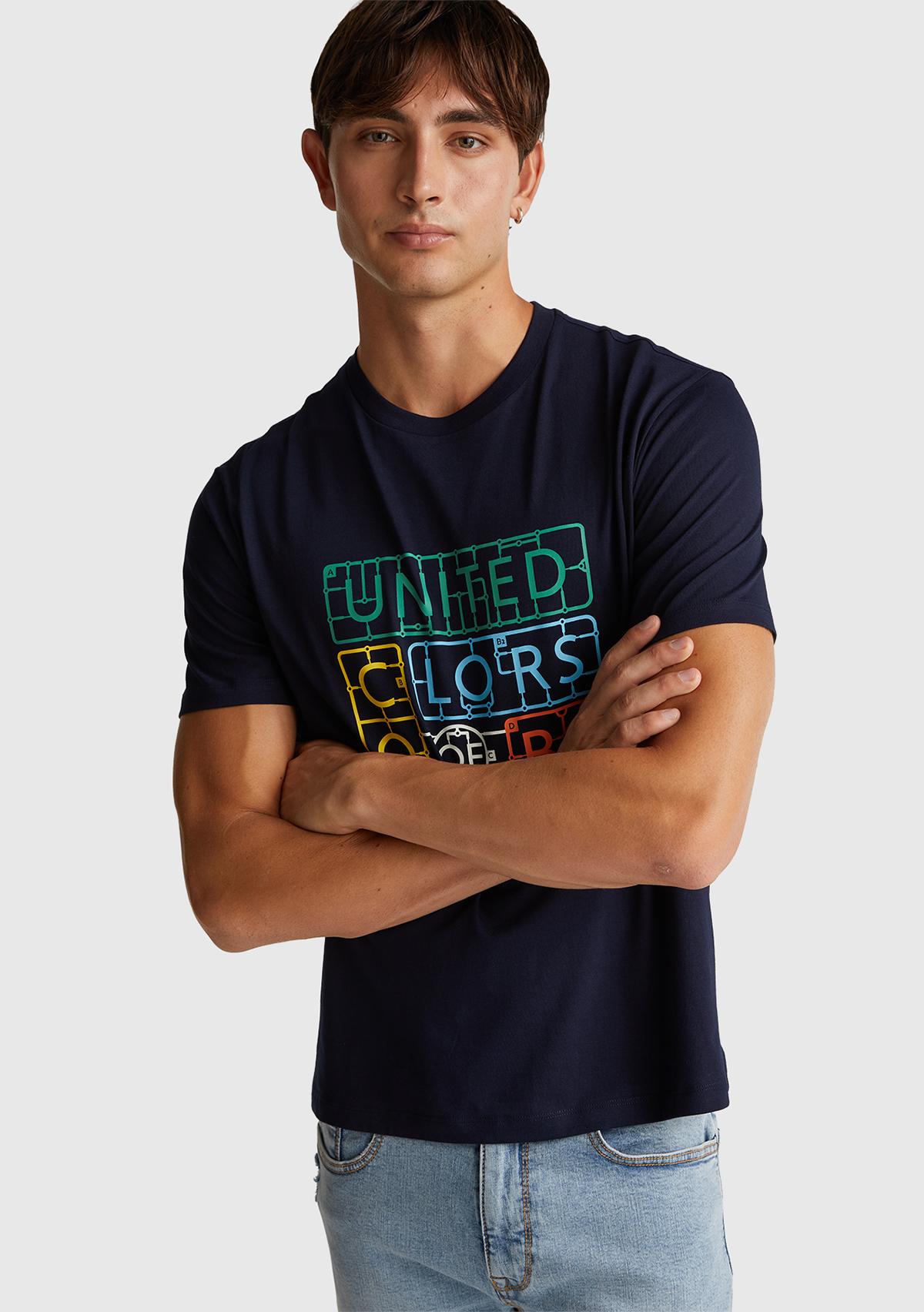 Erkek Lacivert-Renkli Baskılı %100 Pamuk Önü Logo Baskılı Relax Fit T-Shirt