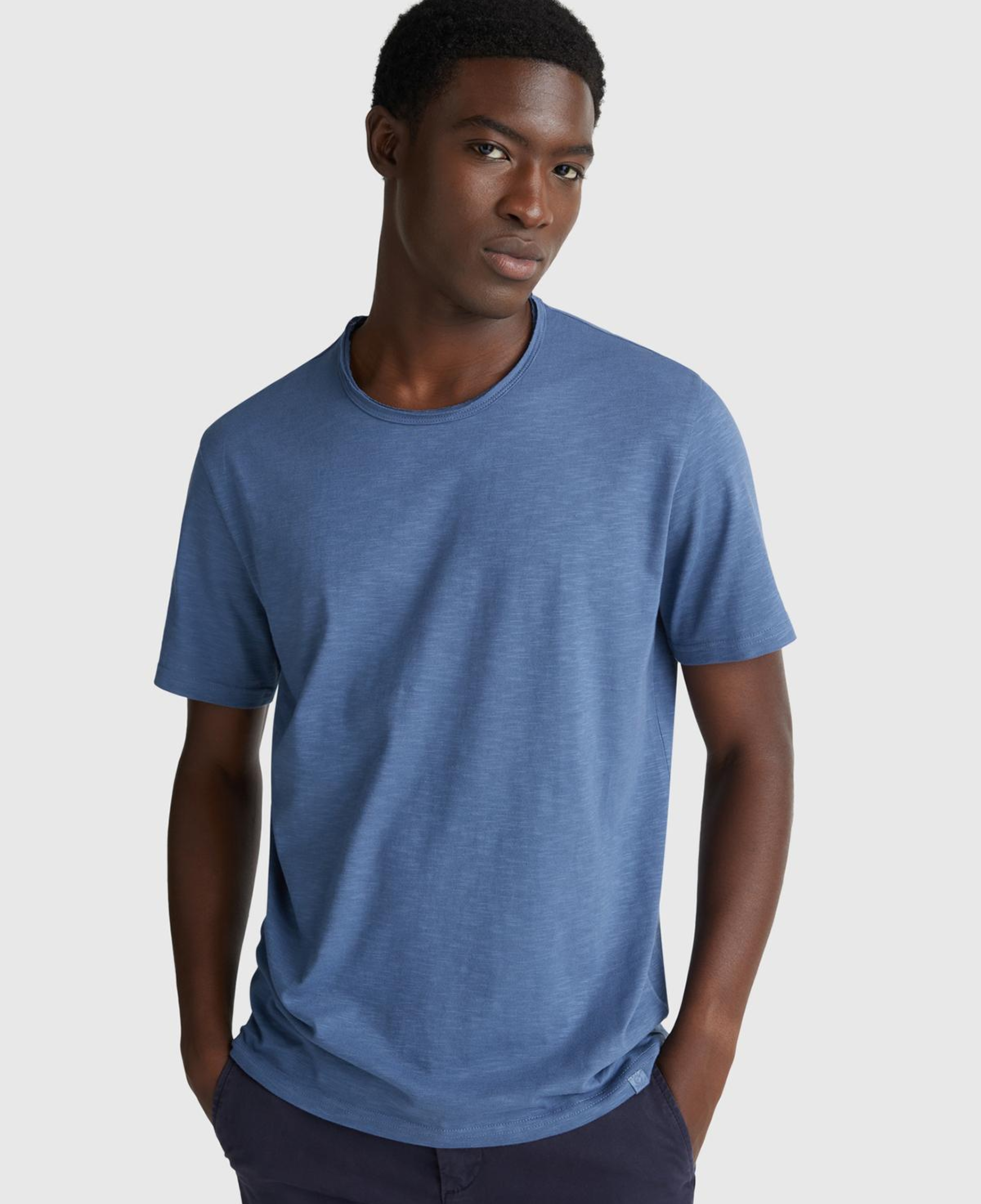 Erkek Havacı Mavi Bisiklet Yaka Slub T-shirt