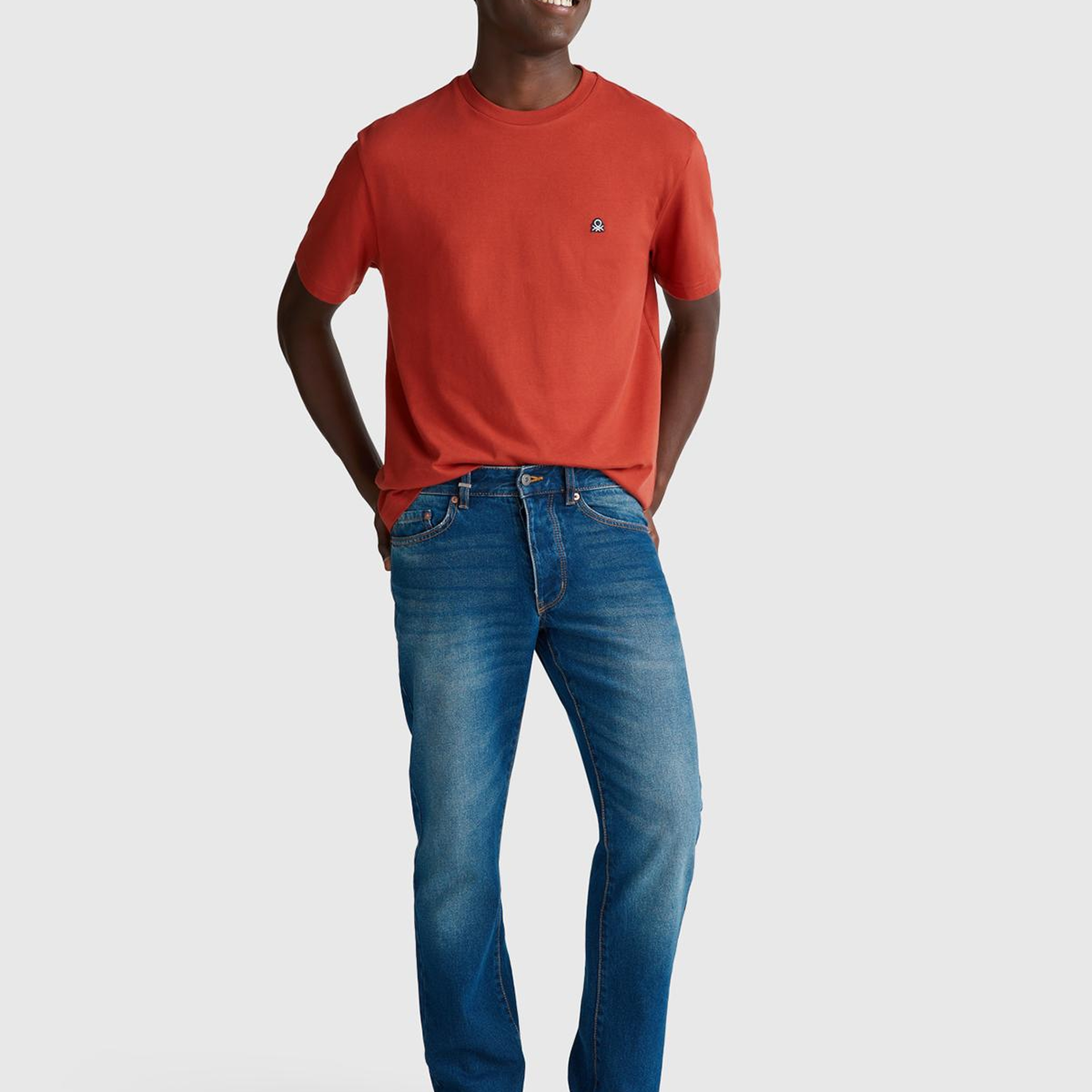 Erkek Kırmızı %100 Koton Benetton Logolu Bisiklet Yaka T-Shirt