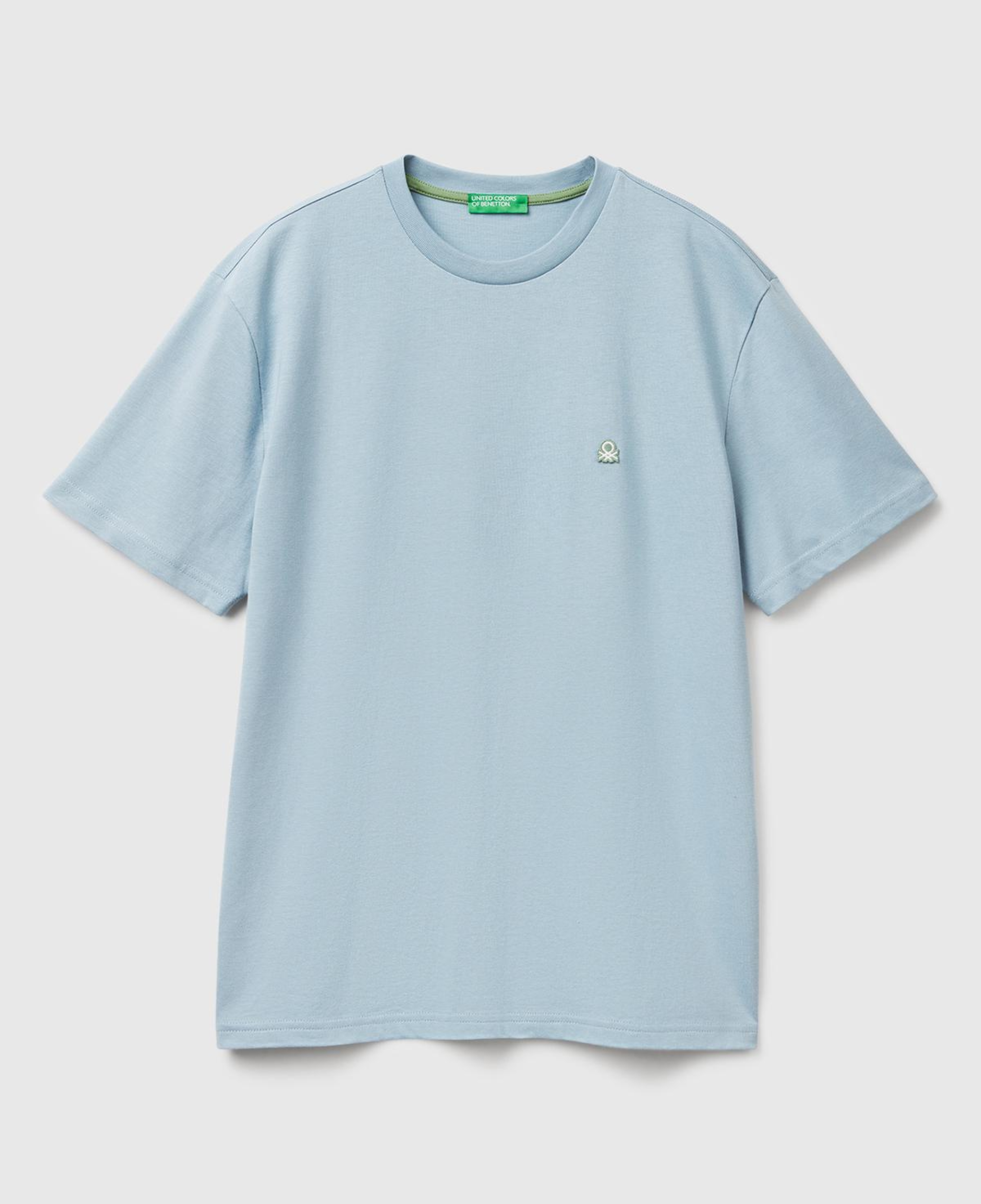 Erkek Açık Mavi %100 Koton Benetton Logolu Bisiklet Yaka T-Shirt