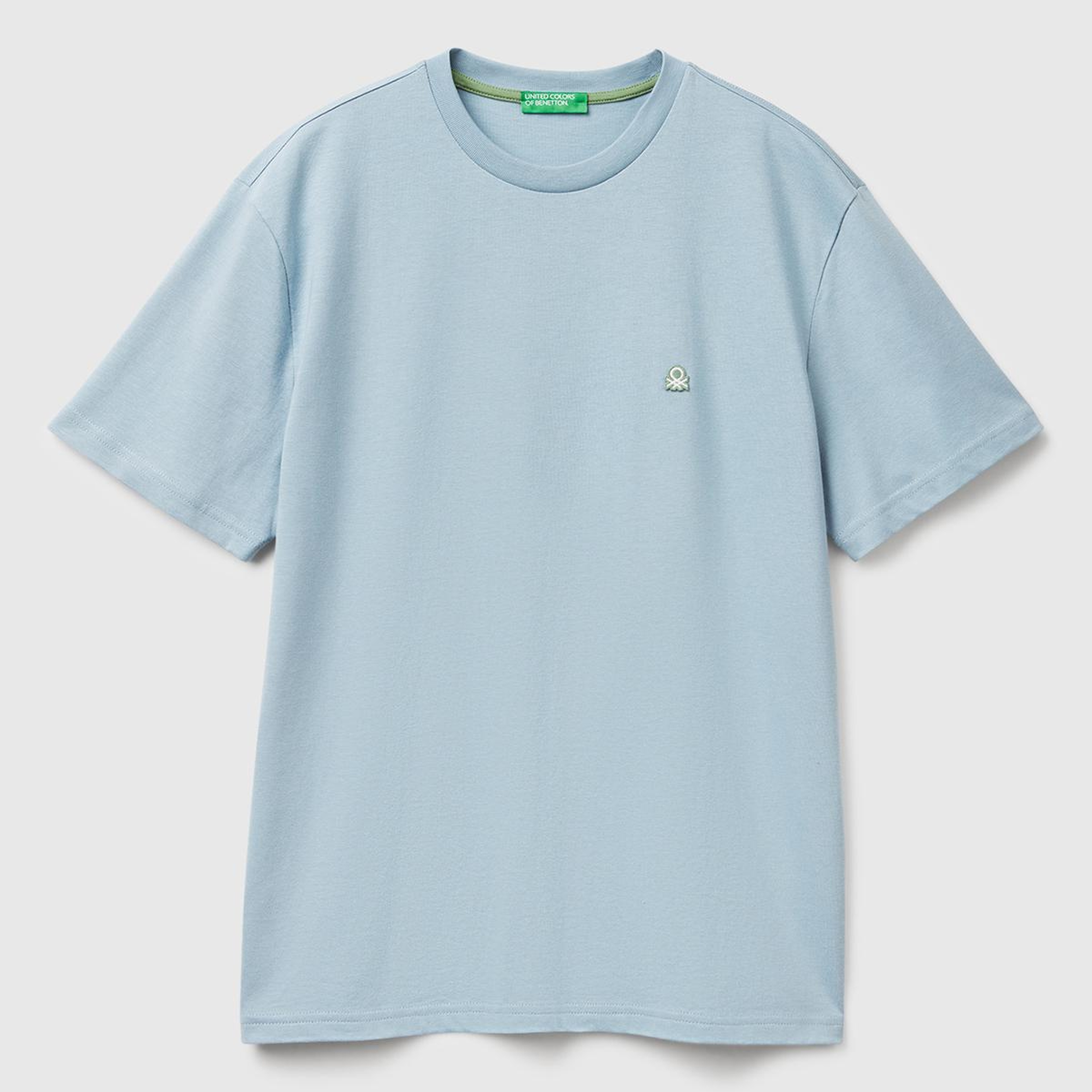 Erkek Açık Mavi %100 Koton Benetton Logolu Bisiklet Yaka T-Shirt