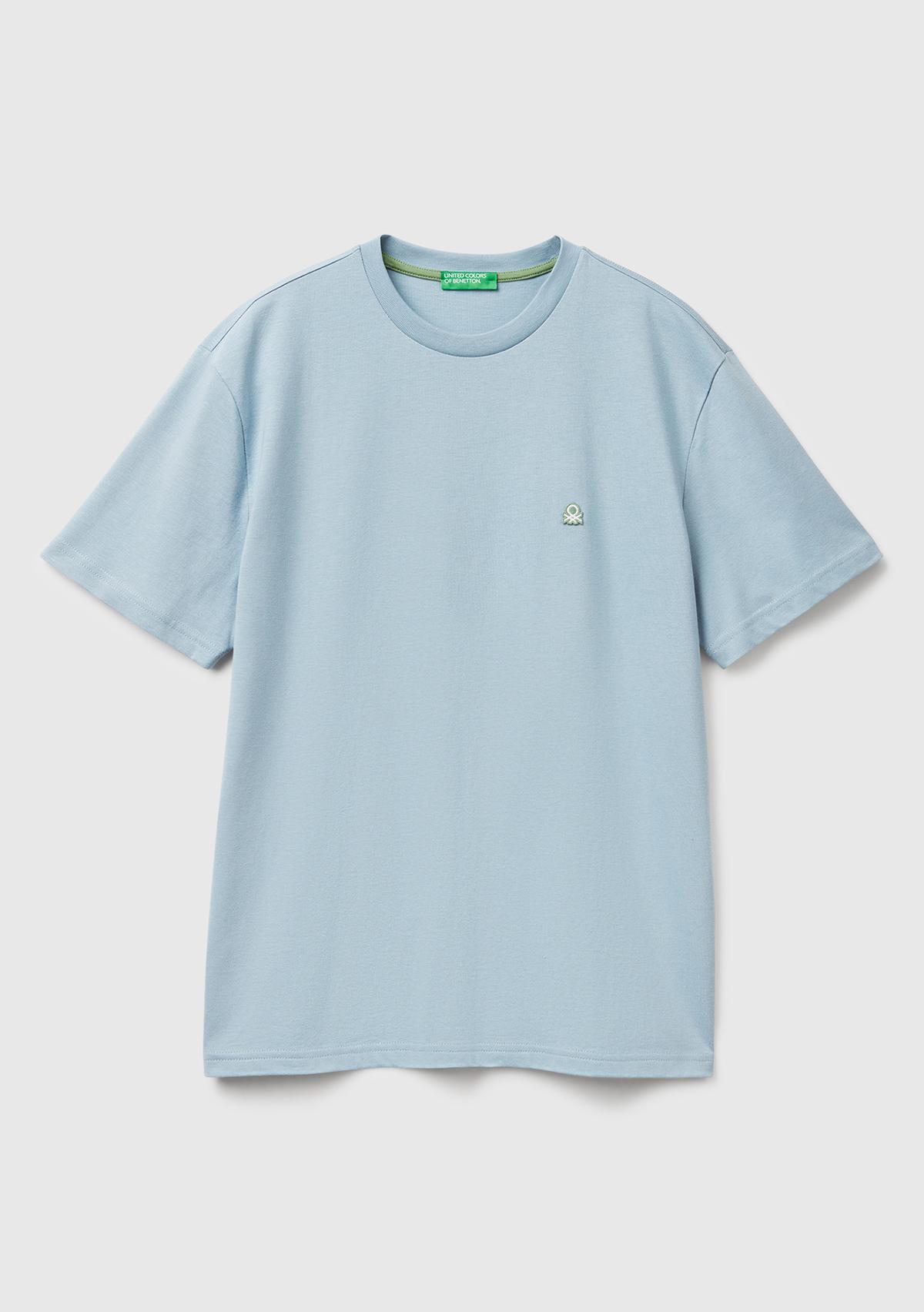 Erkek Açık Mavi %100 Koton Benetton Logolu Bisiklet Yaka T-Shirt