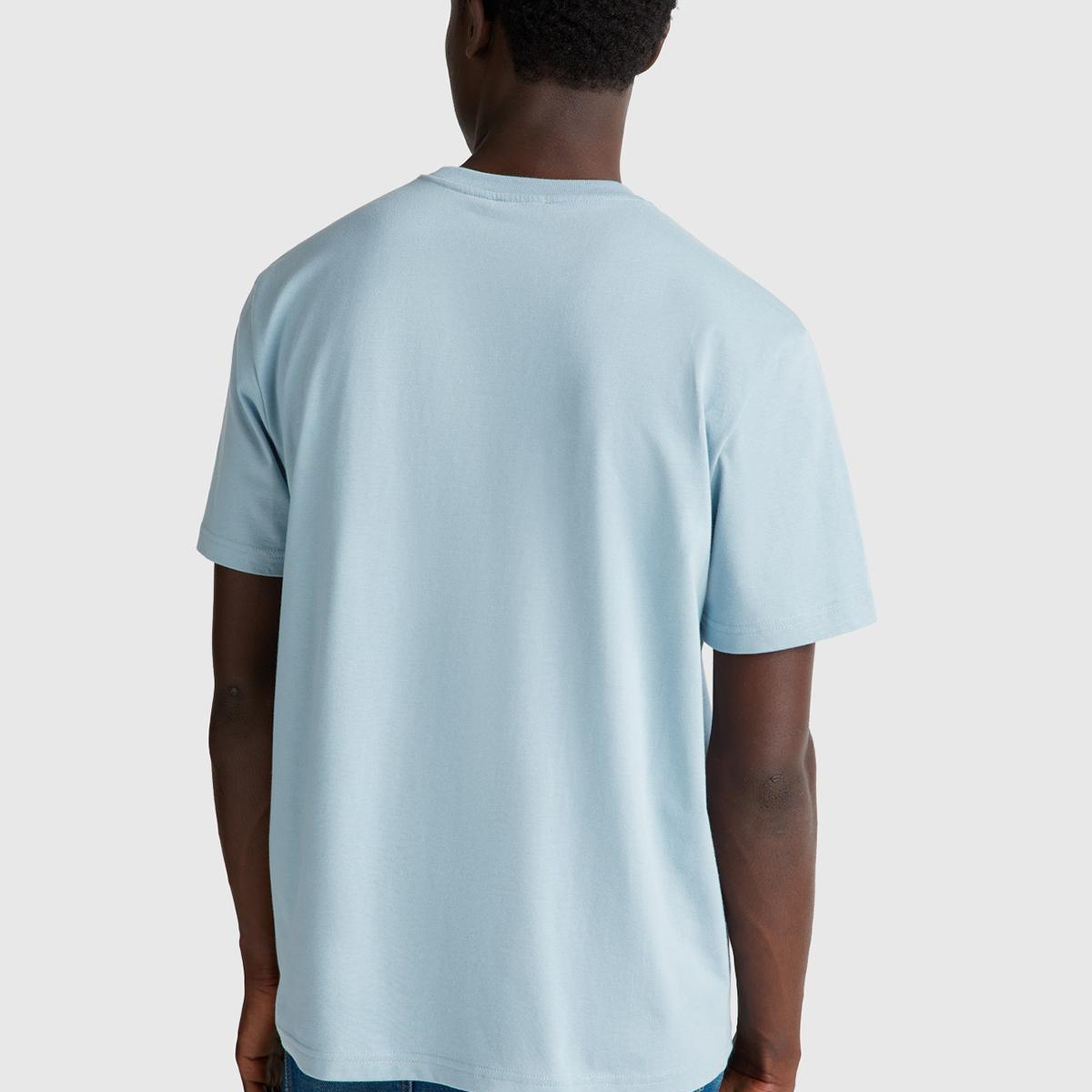 Erkek Açık Mavi %100 Koton Benetton Logolu Bisiklet Yaka T-Shirt