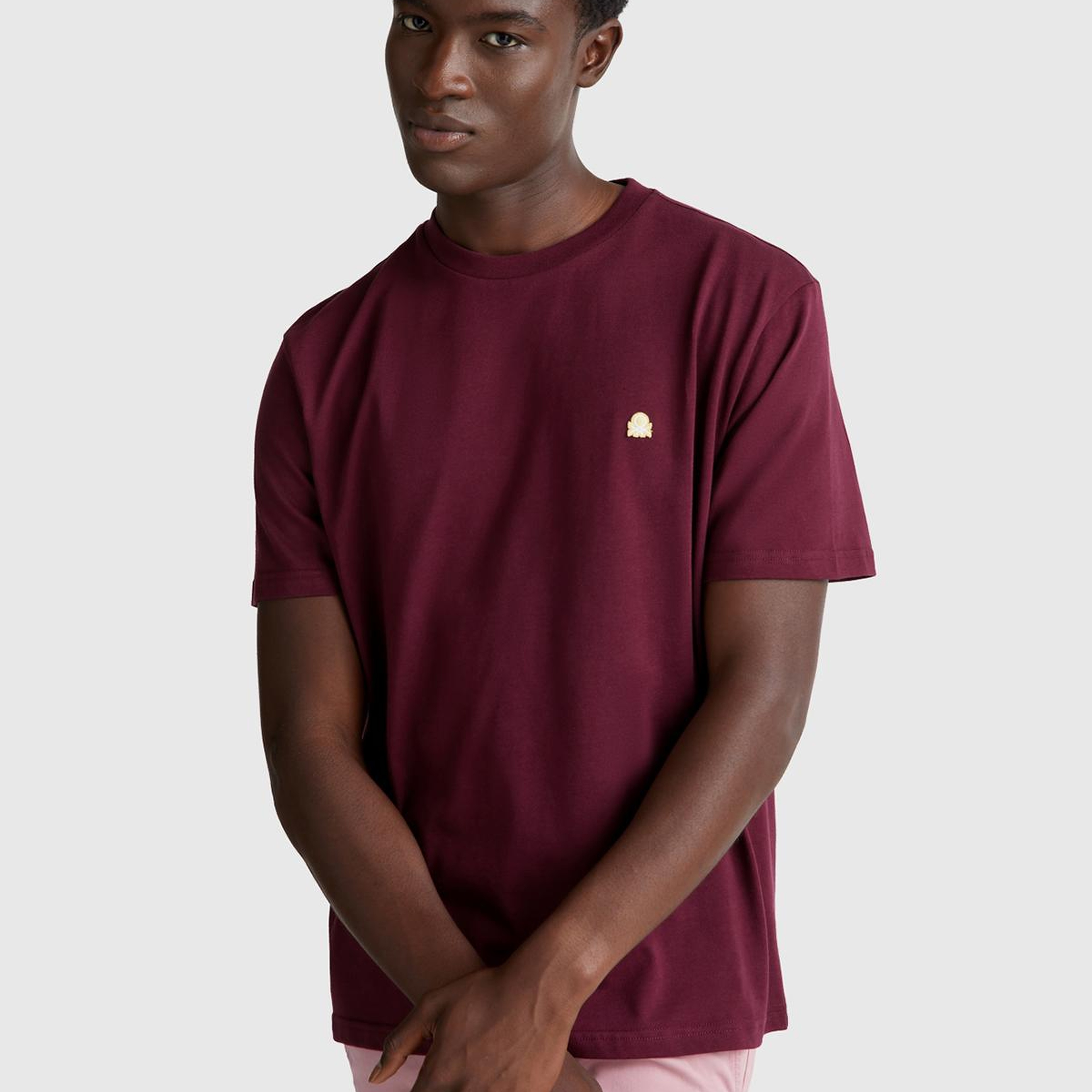 Erkek Bordo %100 Koton Benetton Logolu Bisiklet Yaka T-Shirt
