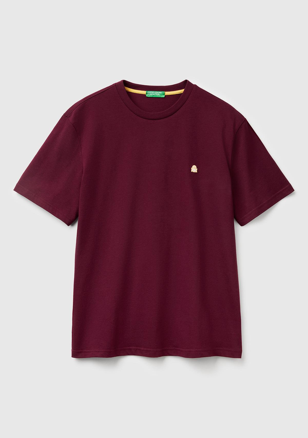 Erkek Bordo %100 Koton Benetton Logolu Bisiklet Yaka T-Shirt