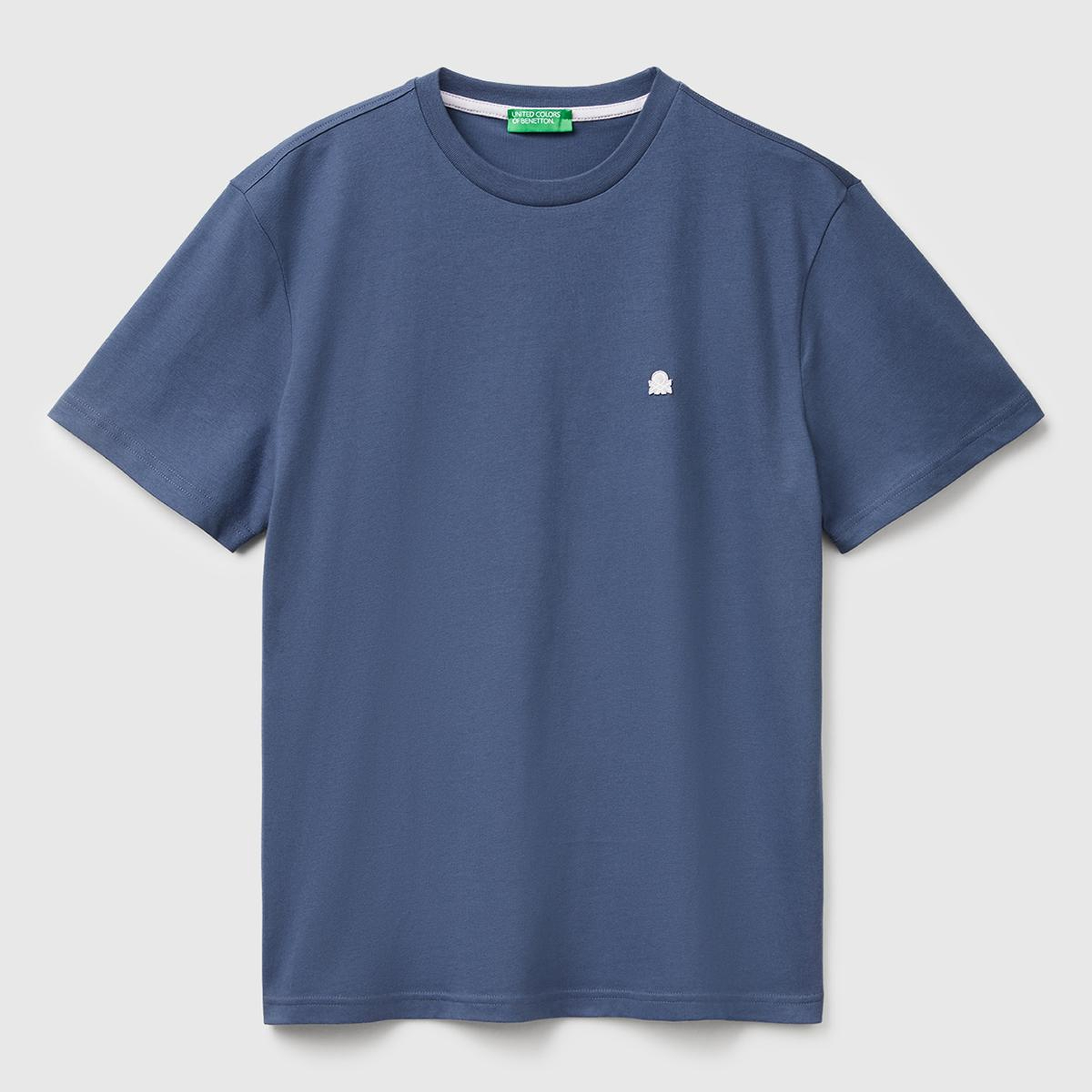 Erkek Havacı Mavi %100 Koton Benetton Logolu Bisiklet Yaka T-Shirt