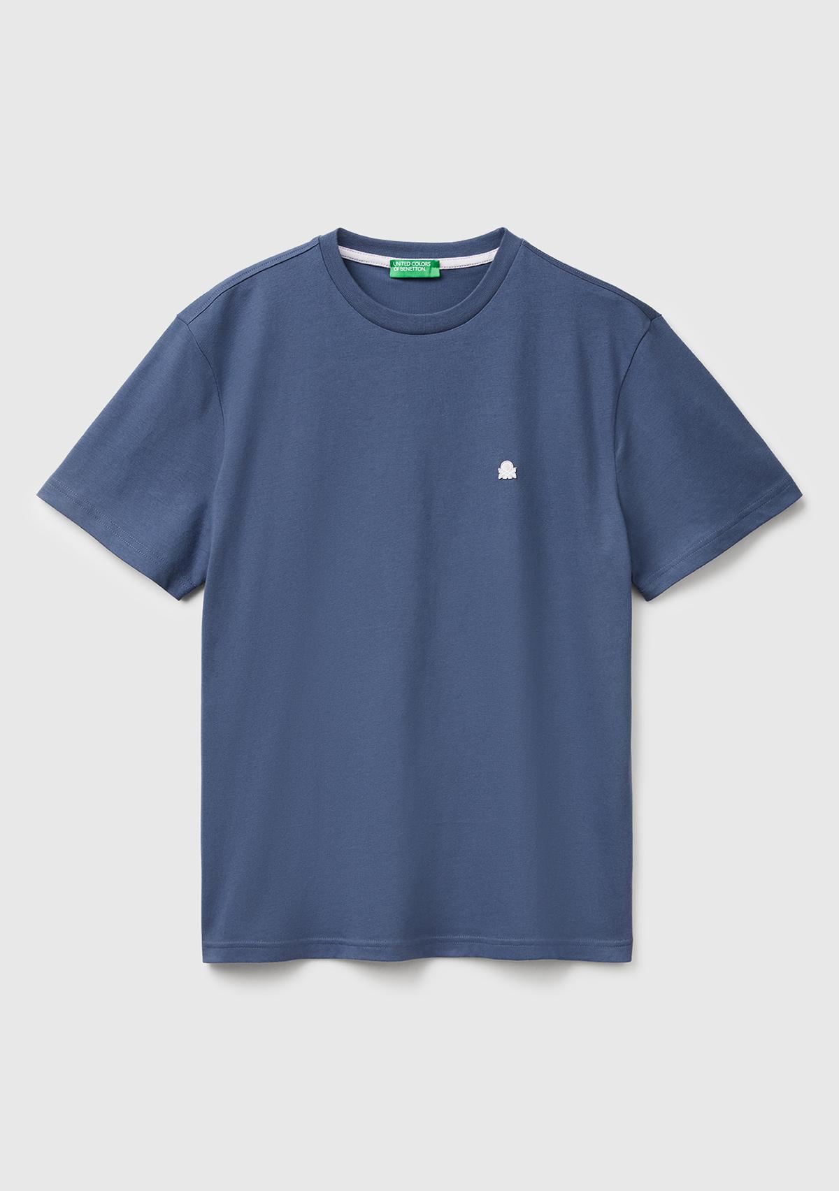 Erkek Havacı Mavi %100 Koton Benetton Logolu Bisiklet Yaka T-Shirt