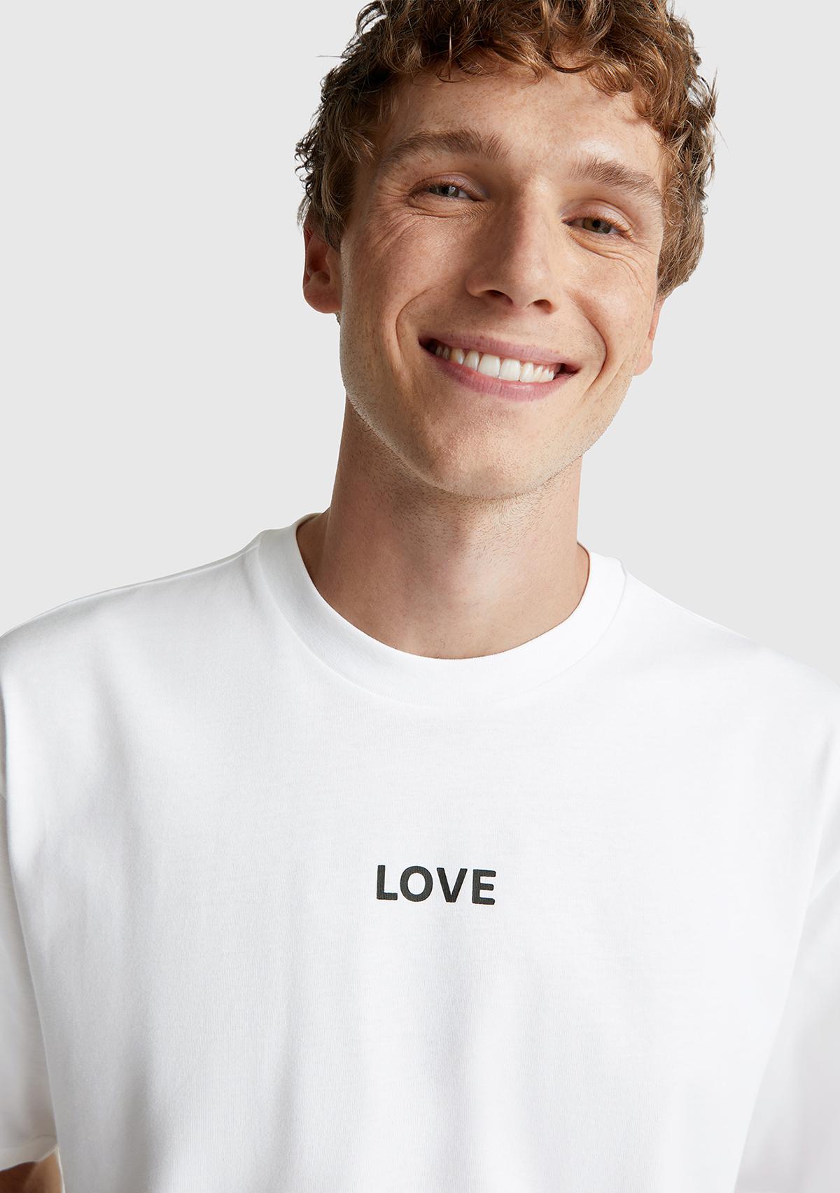 Erkek Beyaz-Love Baskılı %100 Pamuk Önü ve Arkası Baskılı T-Shirt