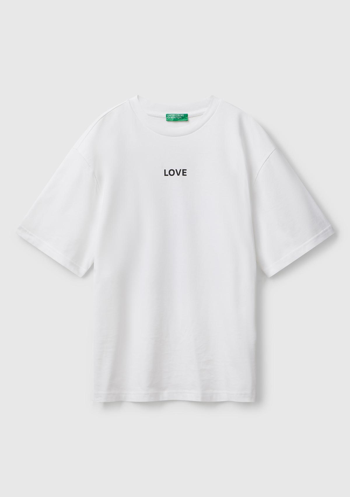 Erkek Beyaz-Love Baskılı %100 Pamuk Önü ve Arkası Baskılı T-Shirt