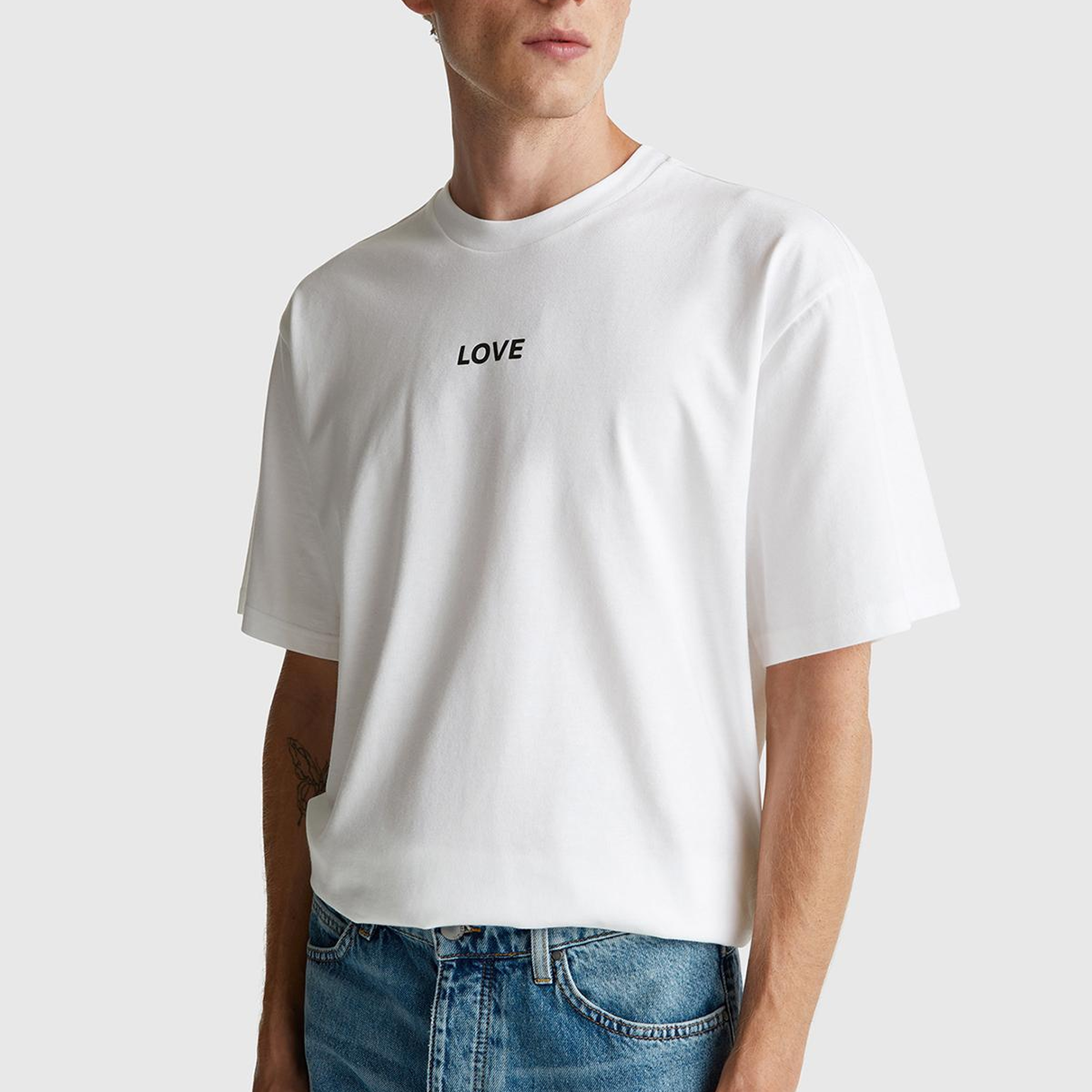 Erkek Beyaz-Love Baskılı %100 Pamuk Önü ve Arkası Baskılı T-Shirt