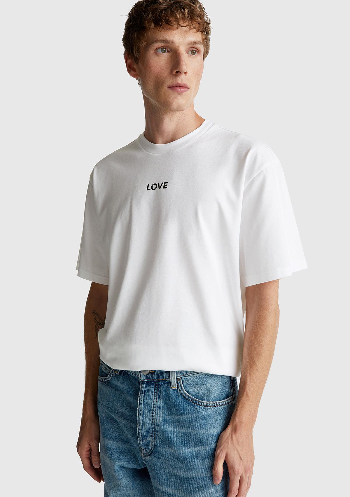 Erkek Beyaz-Love Baskılı %100 Pamuk Önü ve Arkası Baskılı T-Shirt