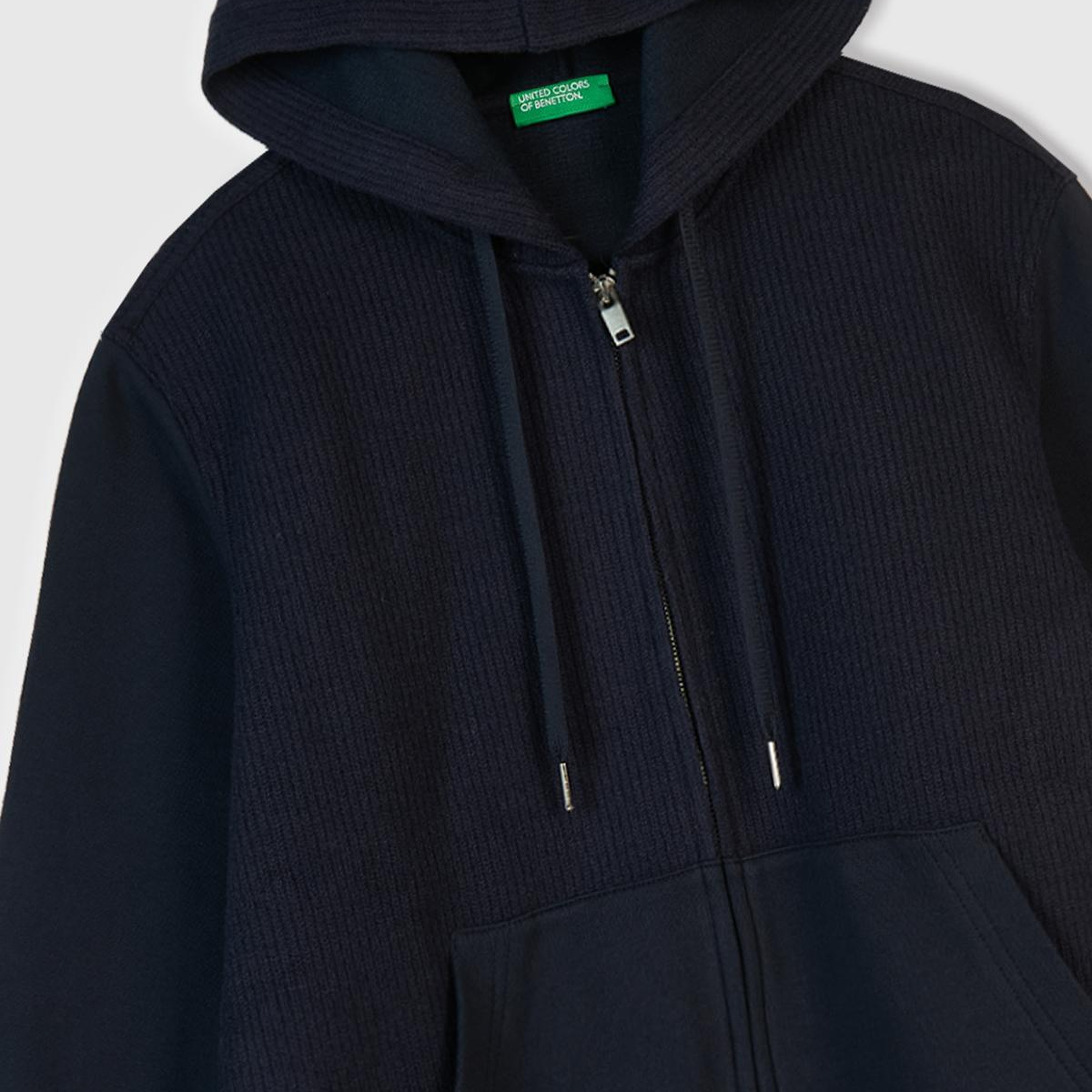 Erkek Lacivert Pamuk ve Yün Karışımlı Cepli Fermuarlı Kapüşonlu Sweatshirt