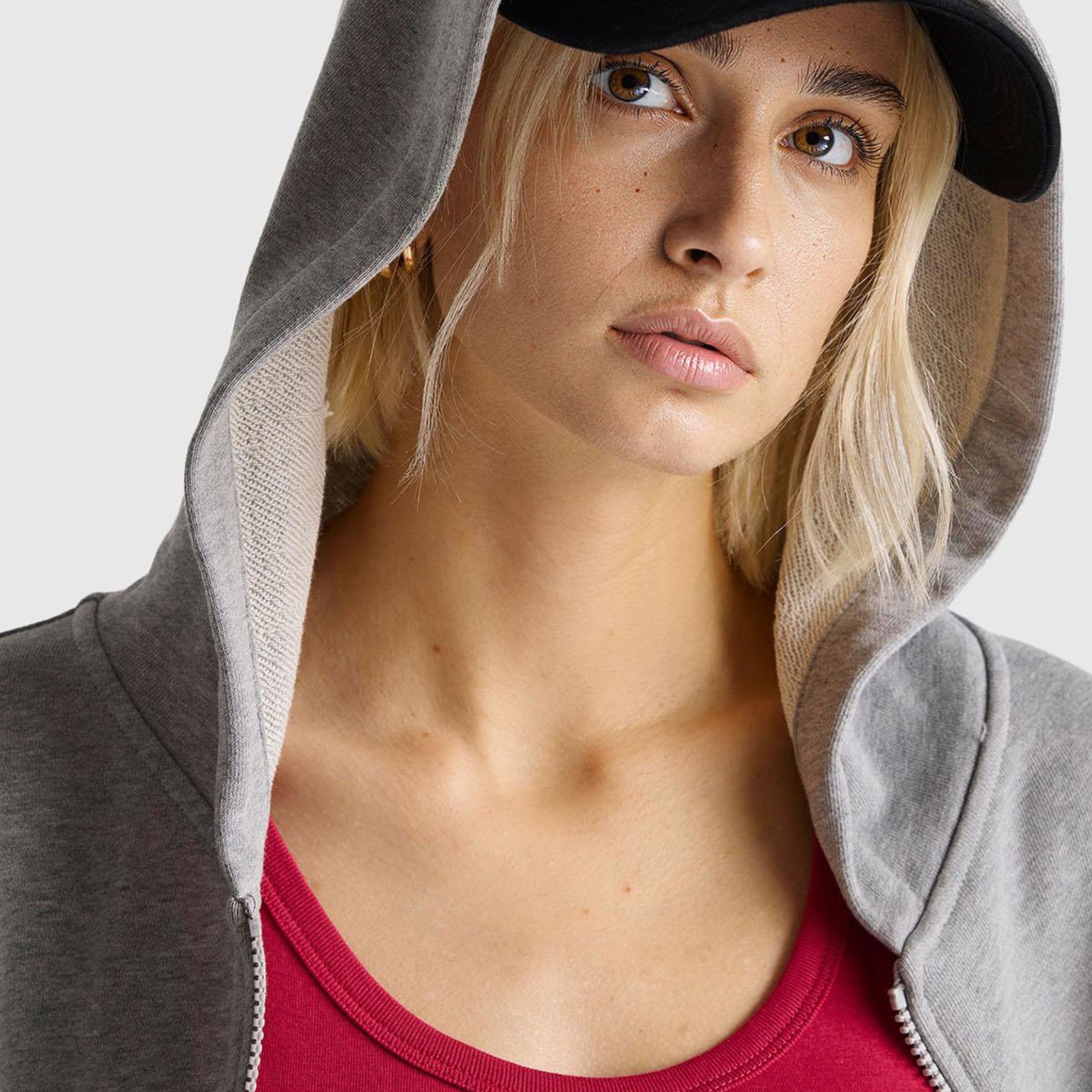 Kadın Gri Melanj Logo Baskı Detaylı Kapüşonlu Relax Fit Sweatshirt