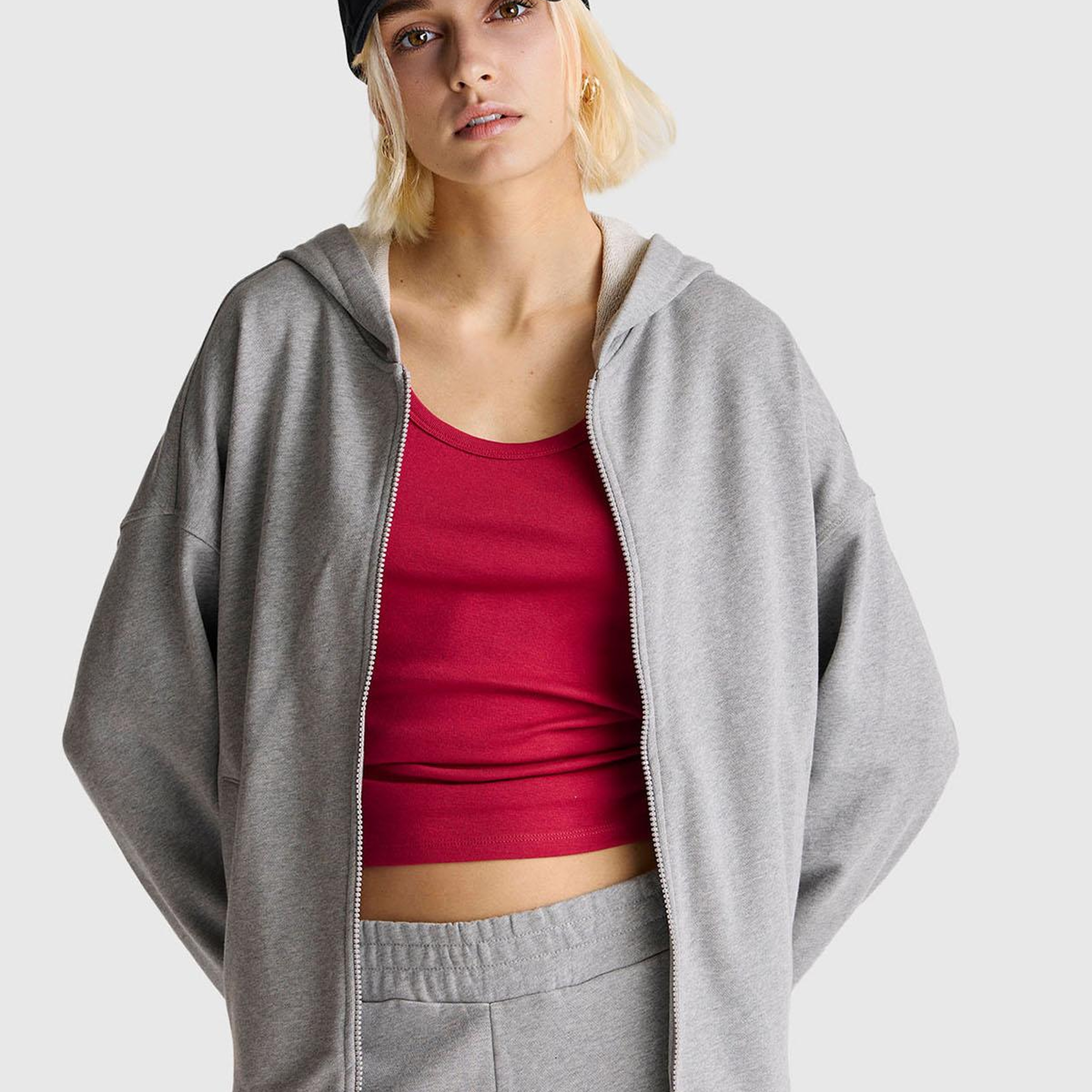 Kadın Gri Melanj Logo Baskı Detaylı Kapüşonlu Relax Fit Sweatshirt