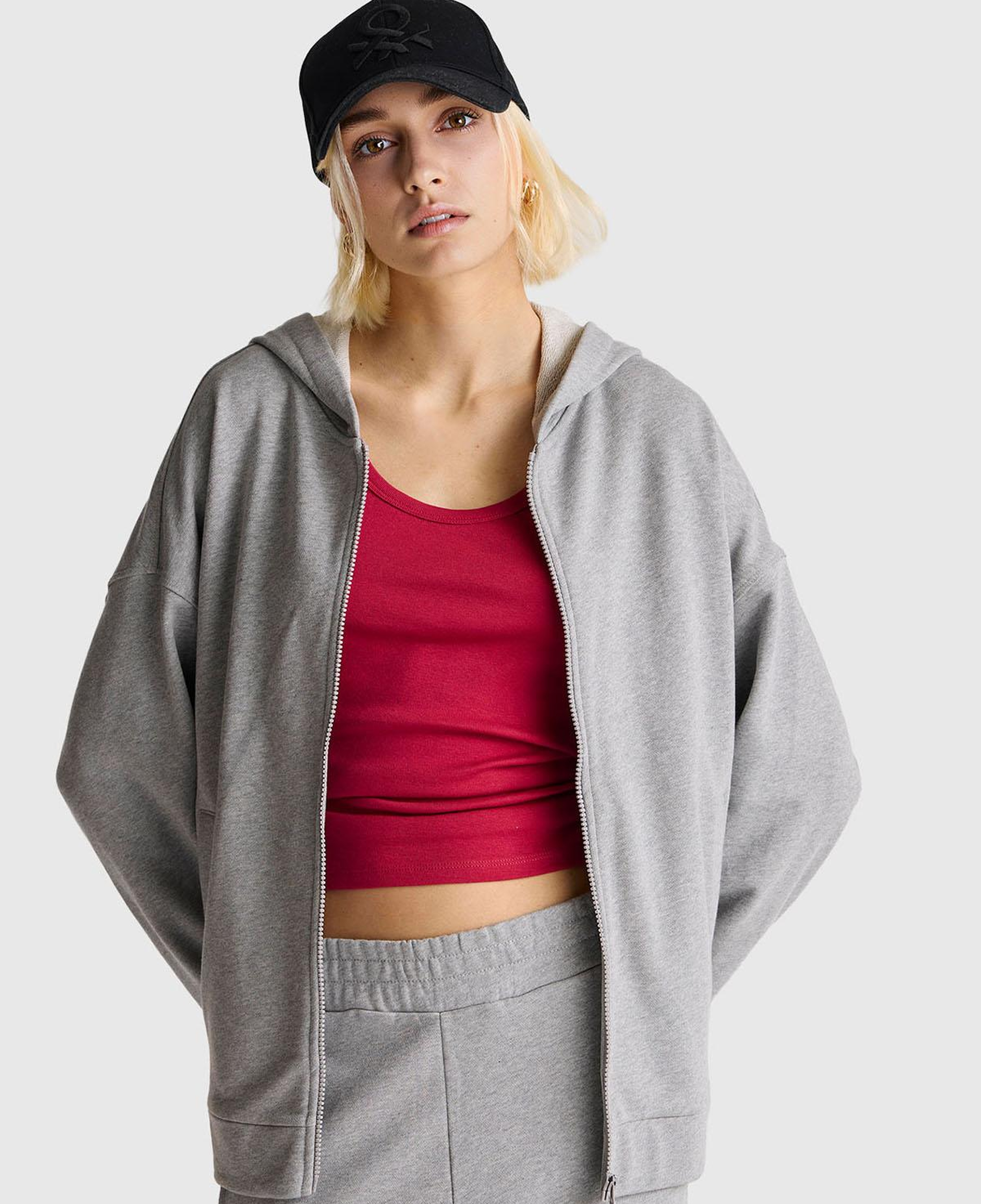 Kadın Gri Melanj Logo Baskı Detaylı Kapüşonlu Relax Fit Sweatshirt